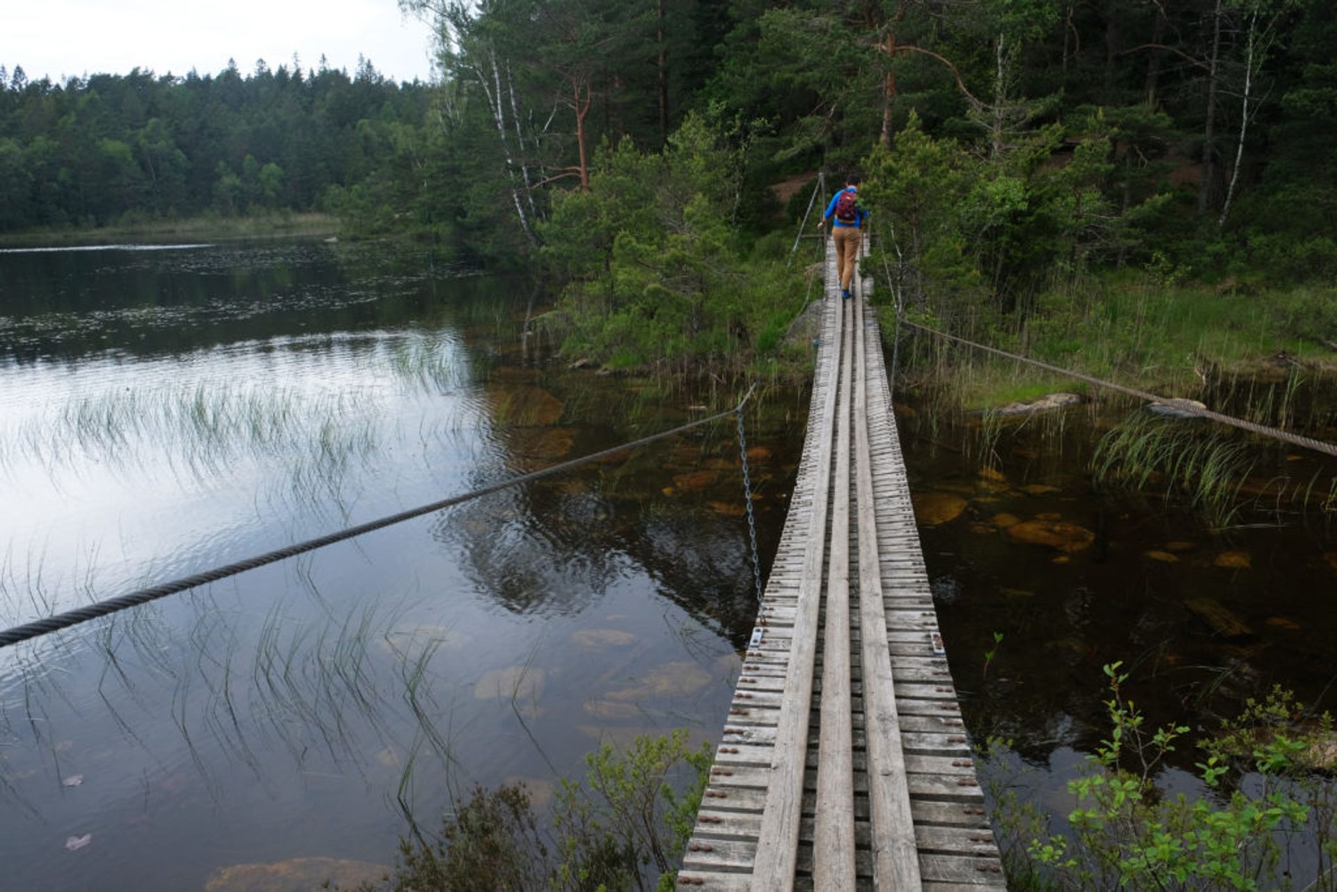Students crossing a footbridge over a river.