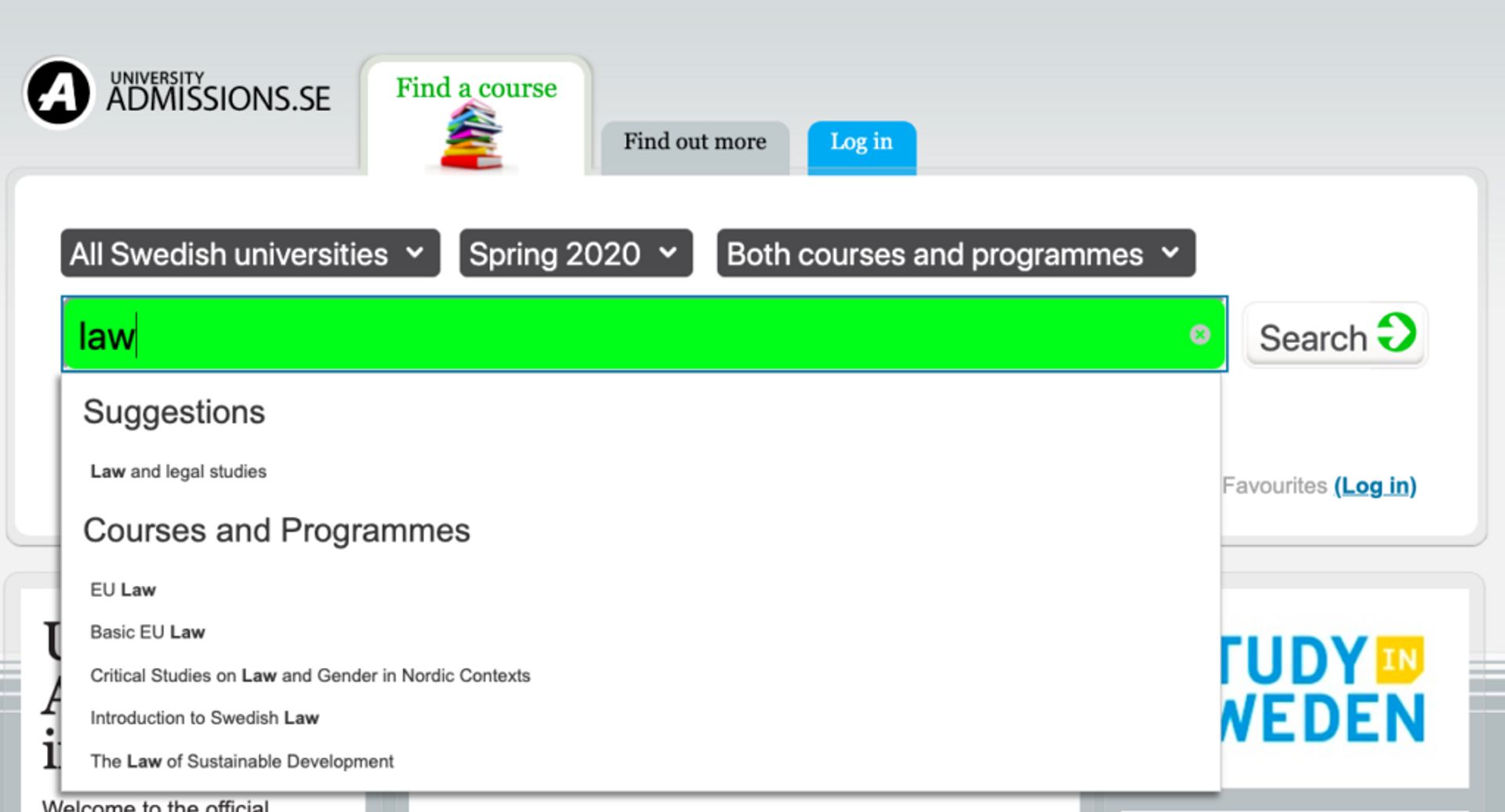 Screenshot of University Admissions frontpage.