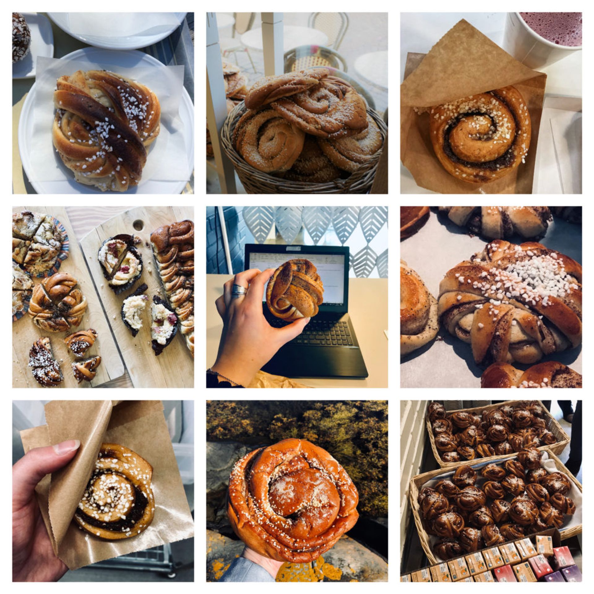 Collage of photos featuring different sizes of cinnamon buns.