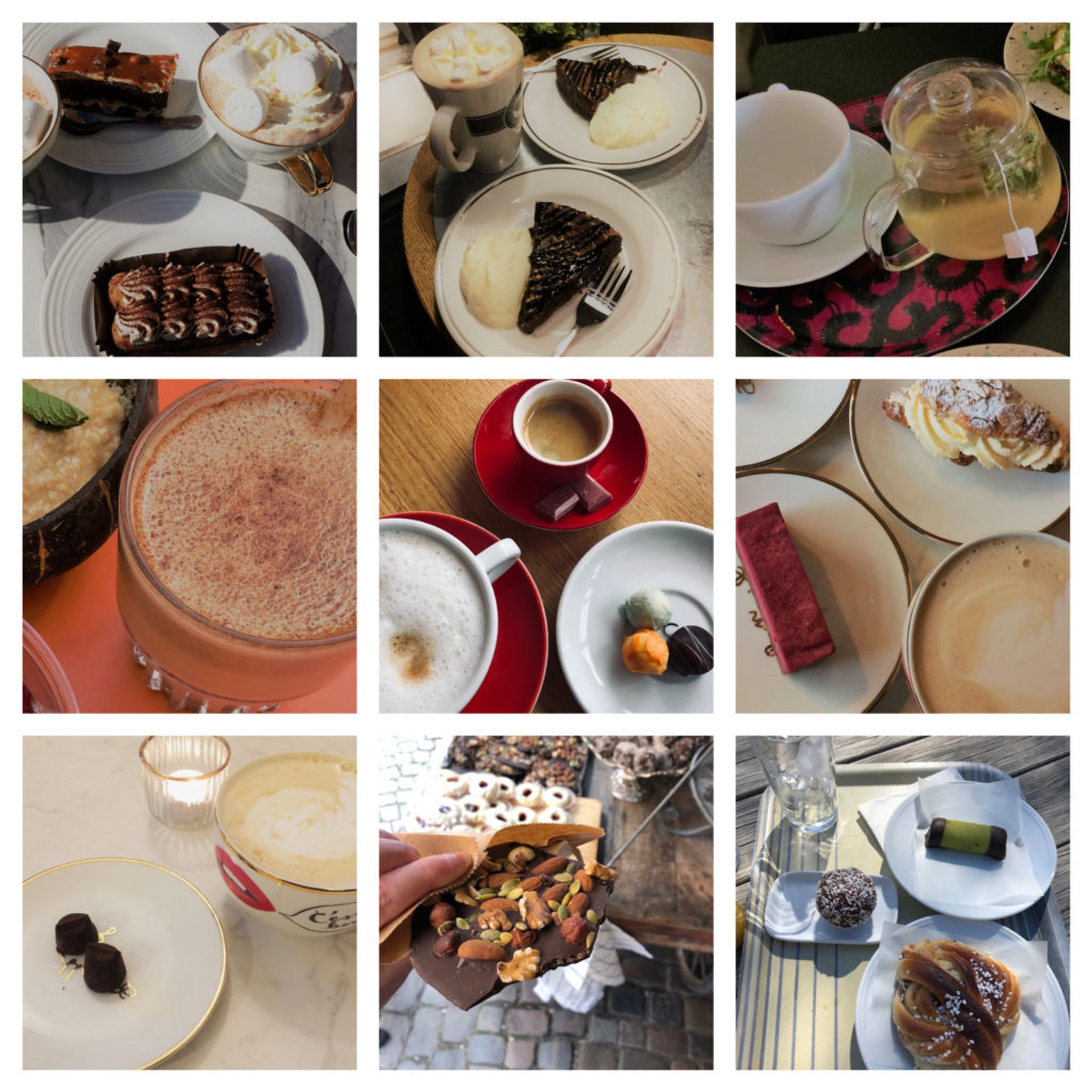 Collage of photos featuring cups of coffee and cake.