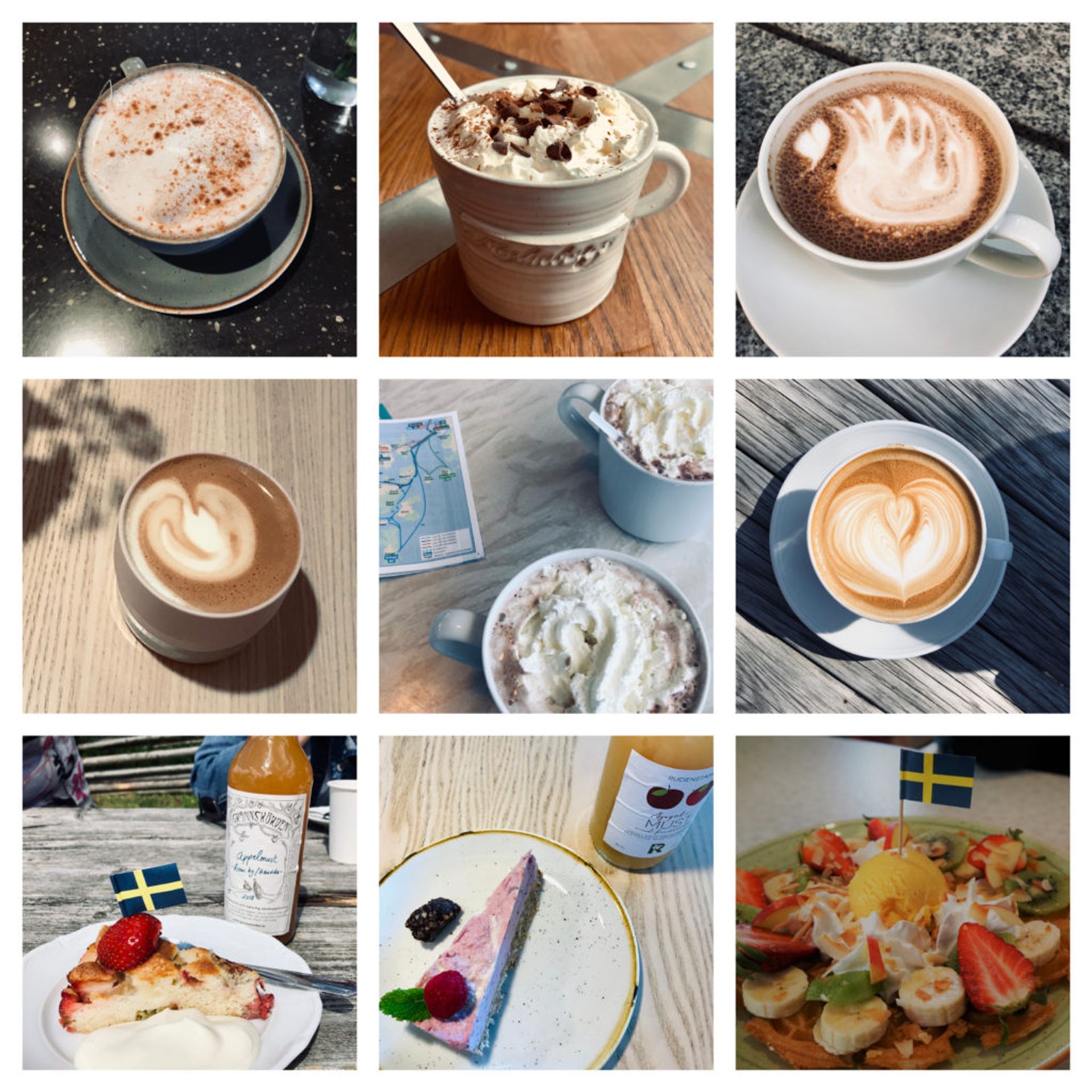 Collage of photos of different hot drinks.