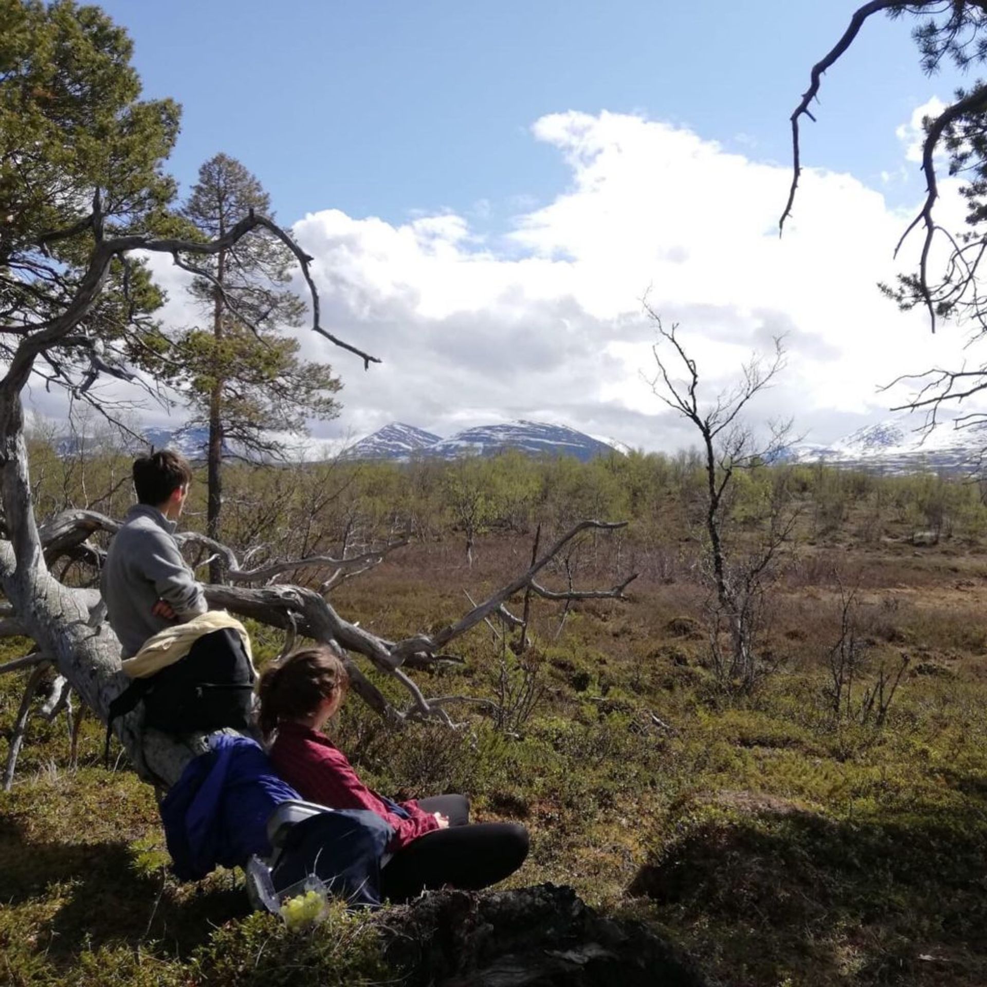 Two students sitting in a clearing looking at mountains.