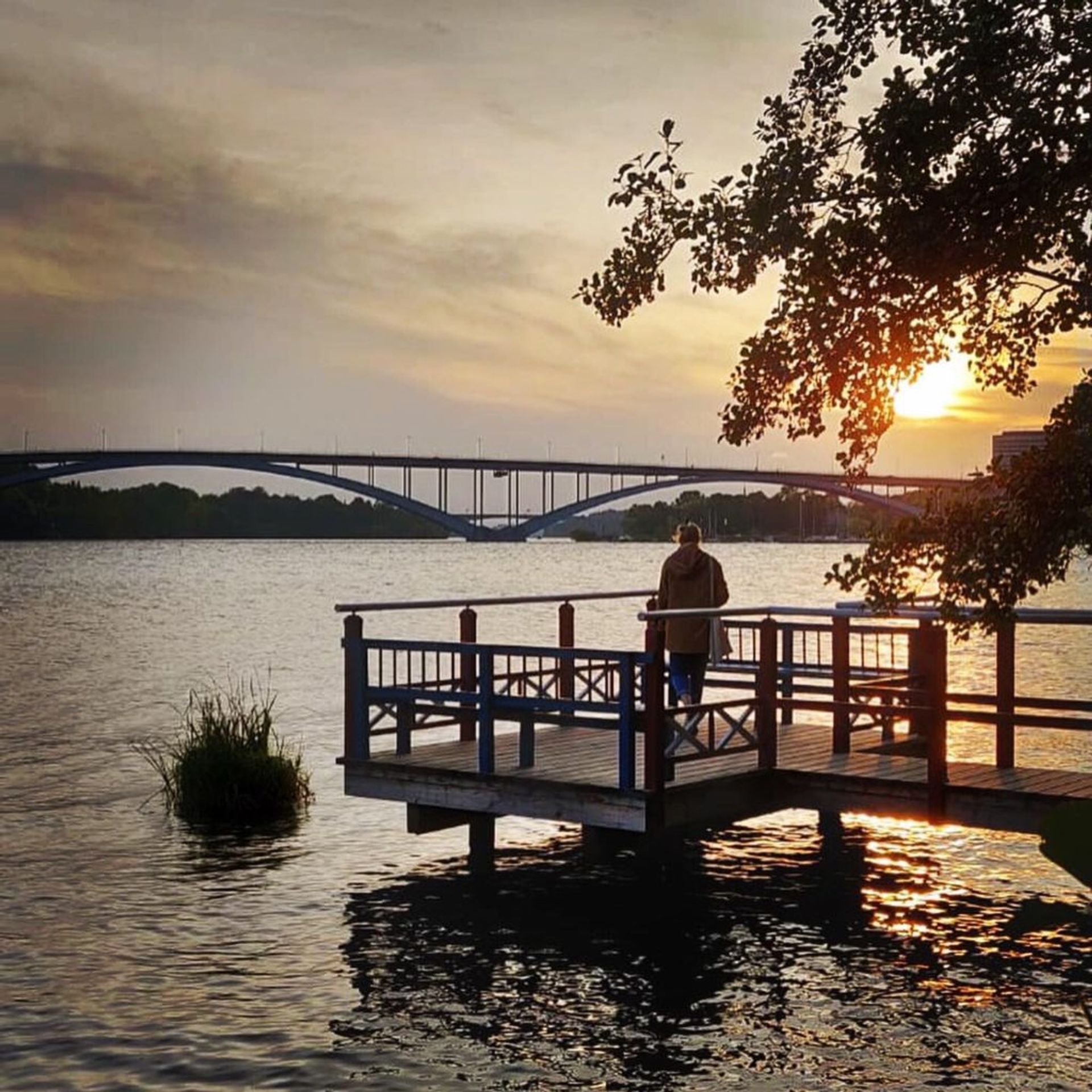 Person standing on a jetty overlooking the water.