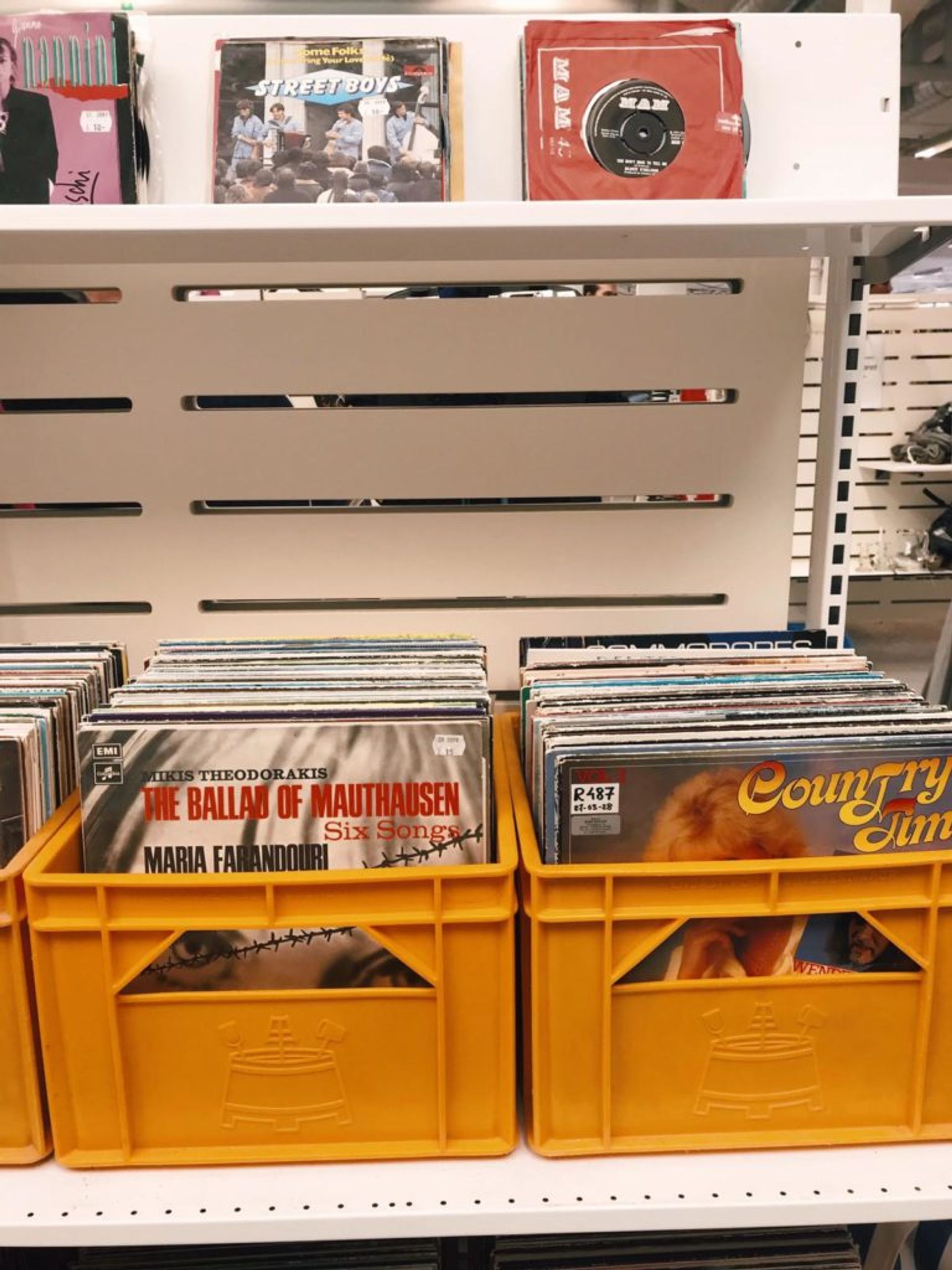 Racks of vinyl records.