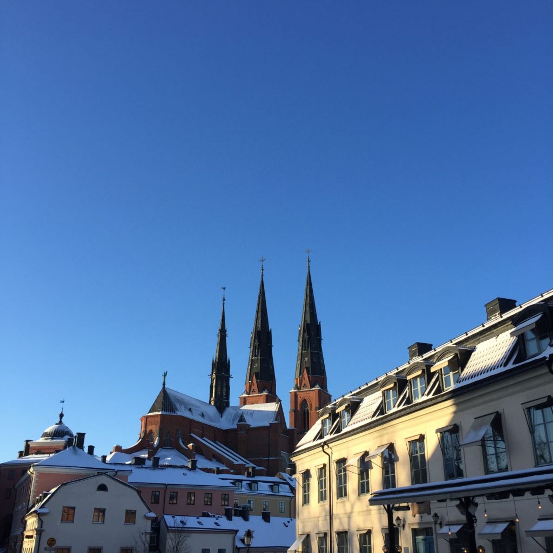 Uppsala skyline with snow on the rooftops