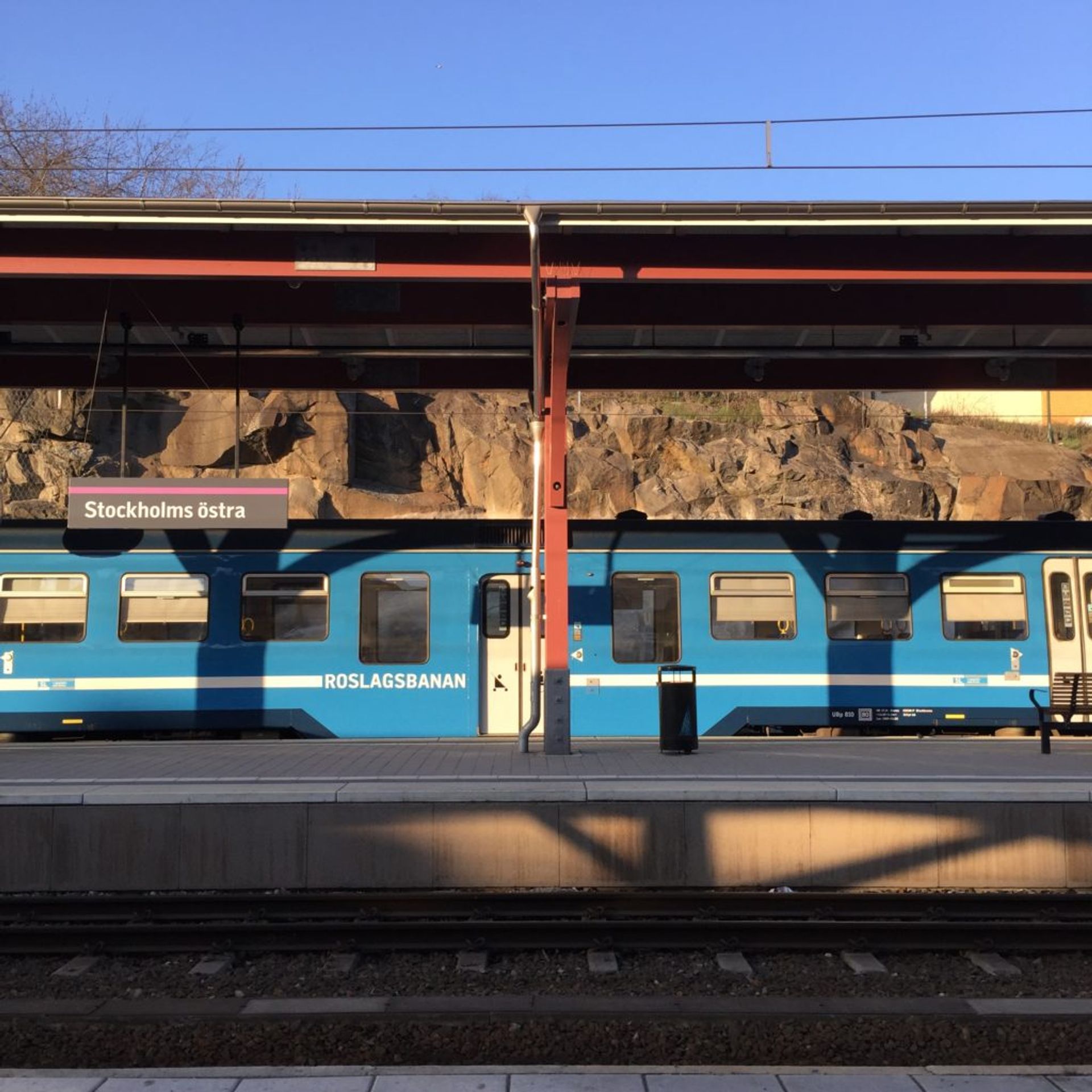 A blue train in Stockholm.