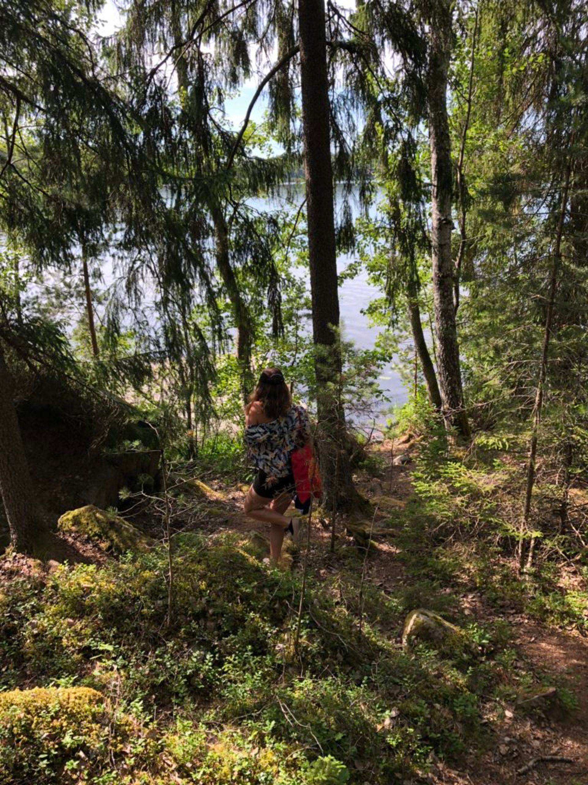 Person walking through a forest.
