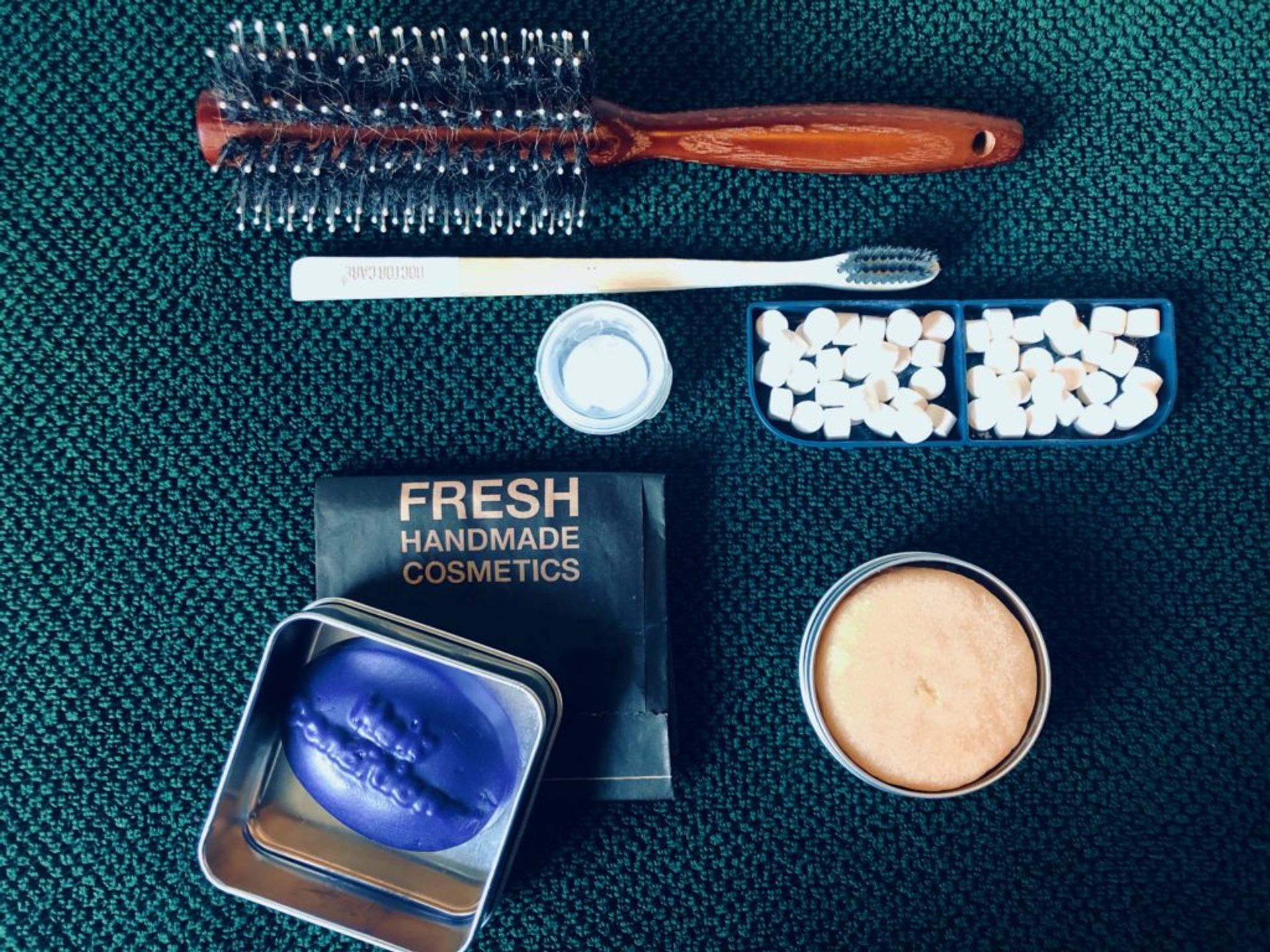 Close-up of packing-free beauty products.