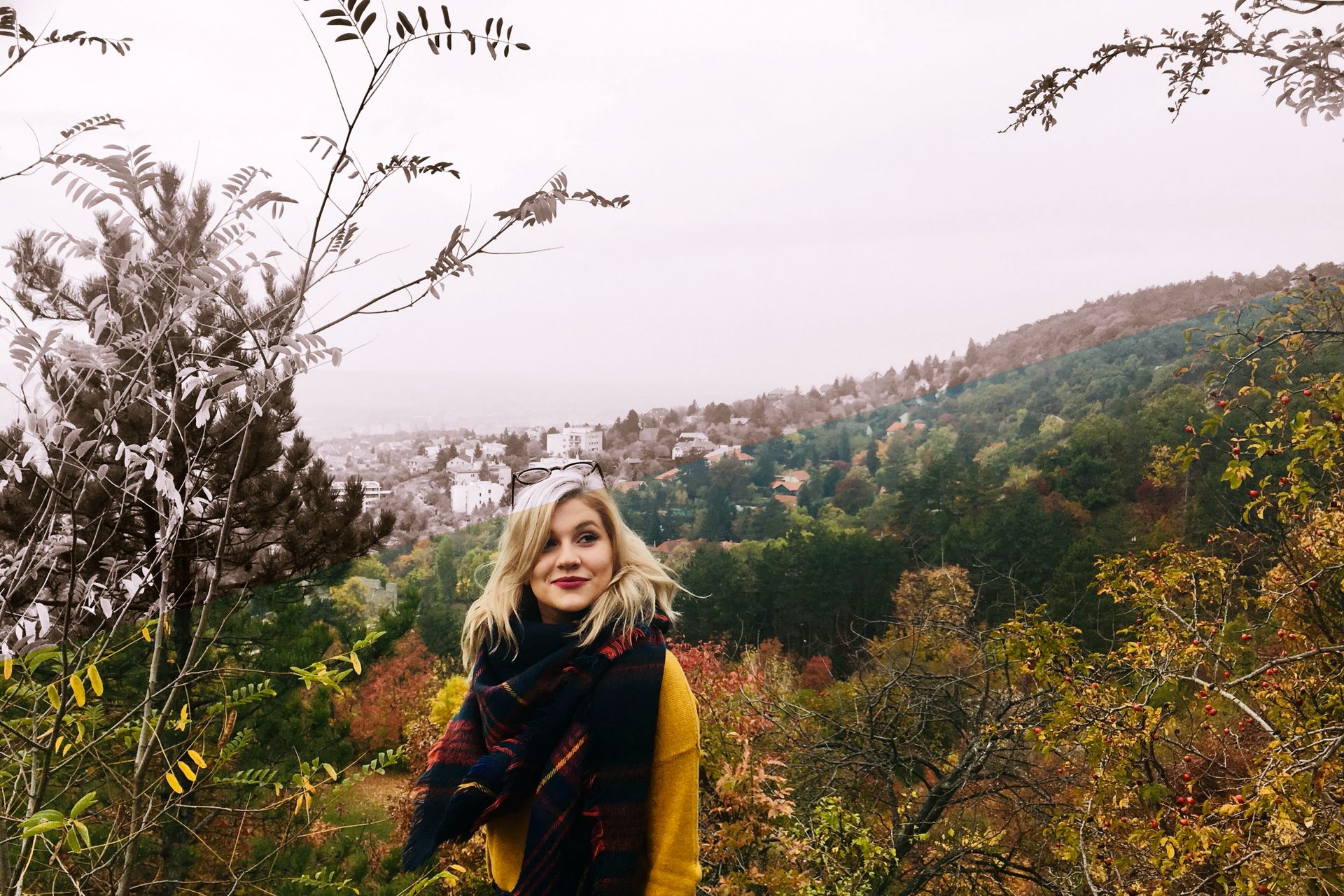 Student standing in a forest.