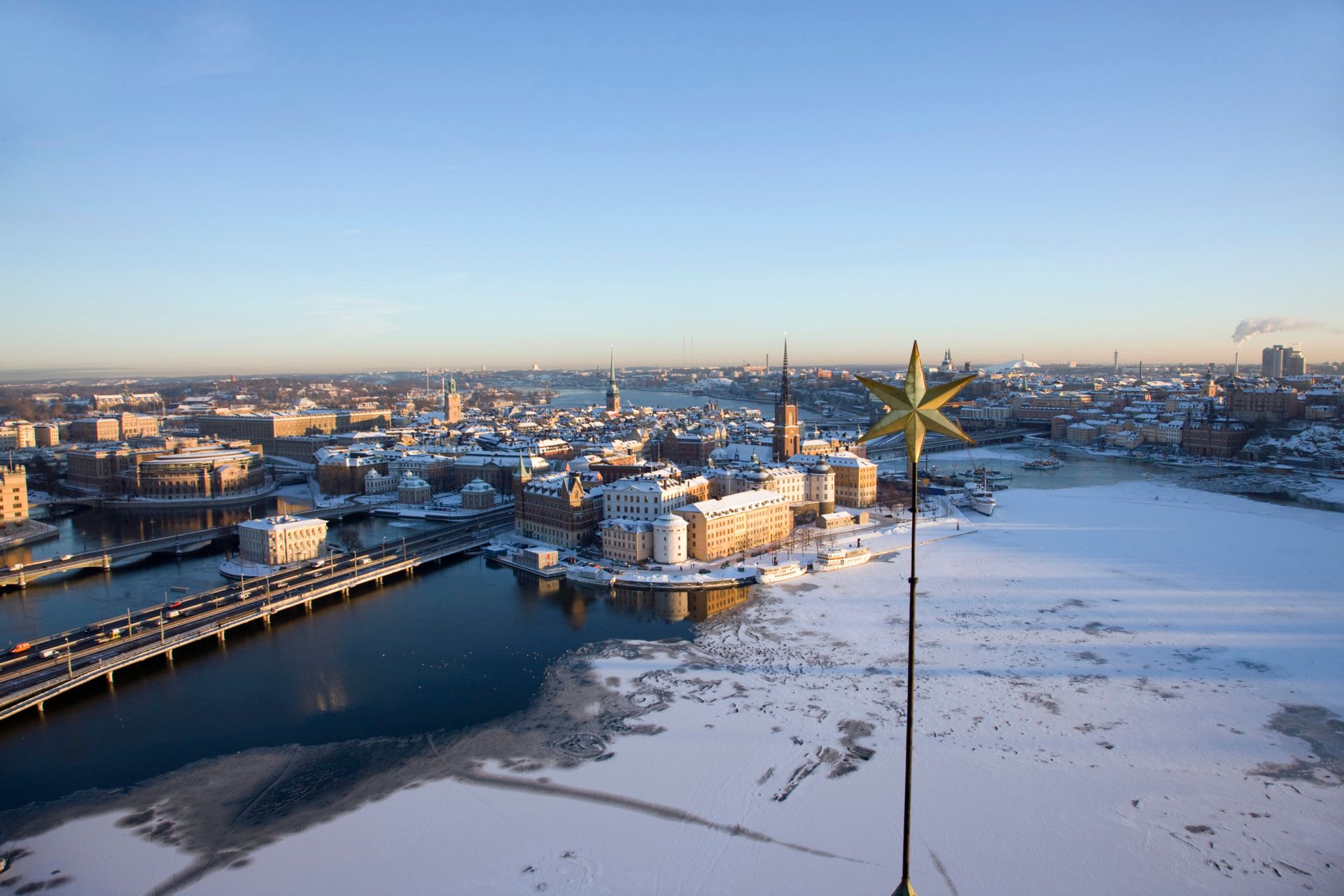 Wide shot of a snowy Stockholm.