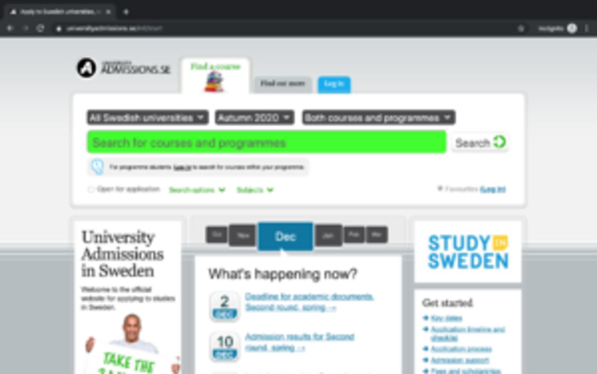 Screenshot of the University Admissions frontpage.