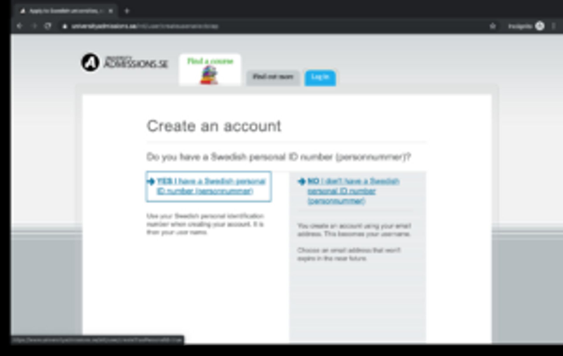 Screenshot showing how to create an account on University Admissions.