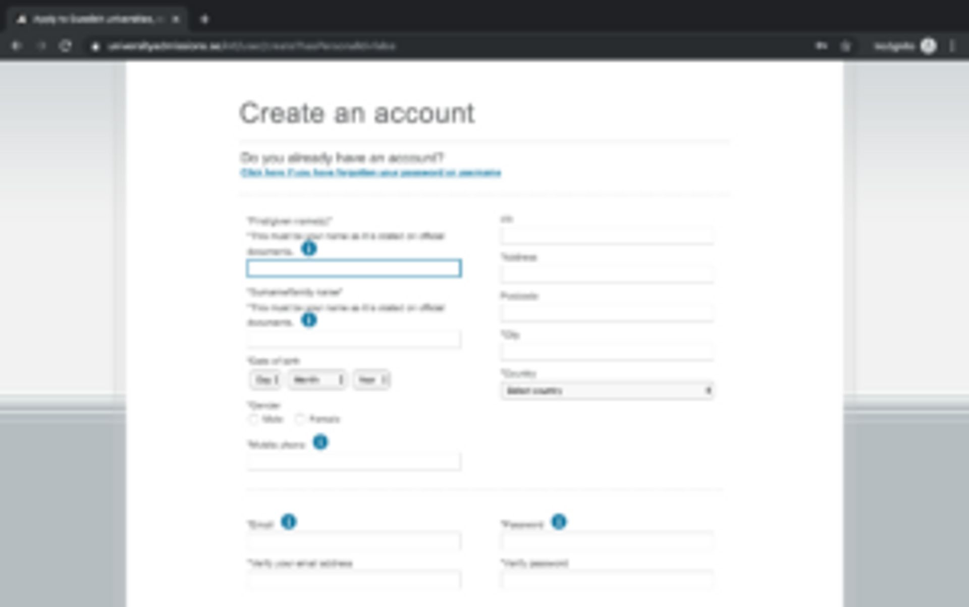 Screenshot of personal information to insert when creating an account.