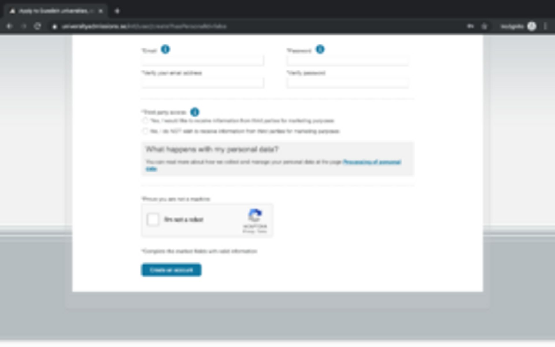 Screenshot of final step of creating an account on University Admissions.