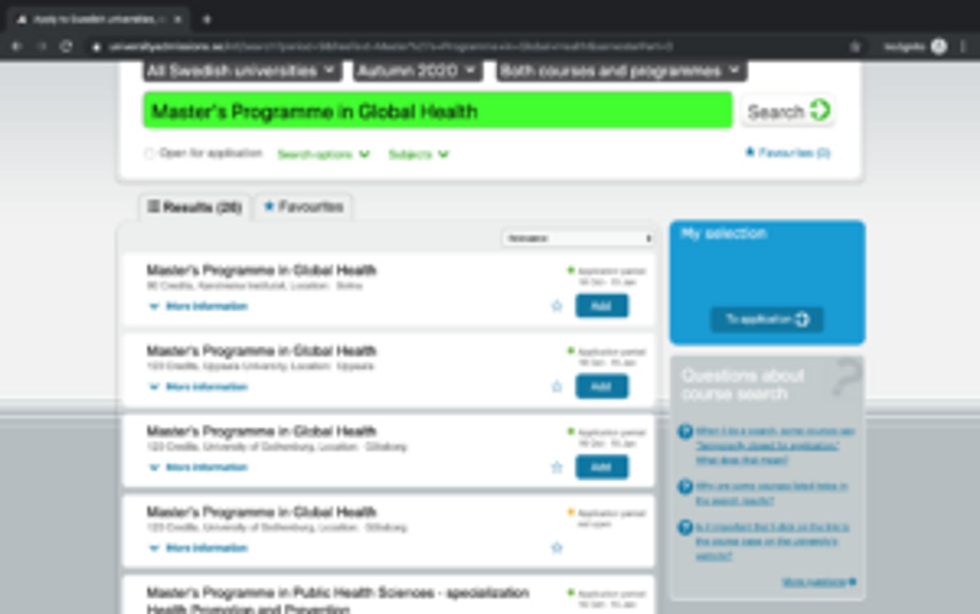 Screenshot of the programme search on universityadmissions.se.