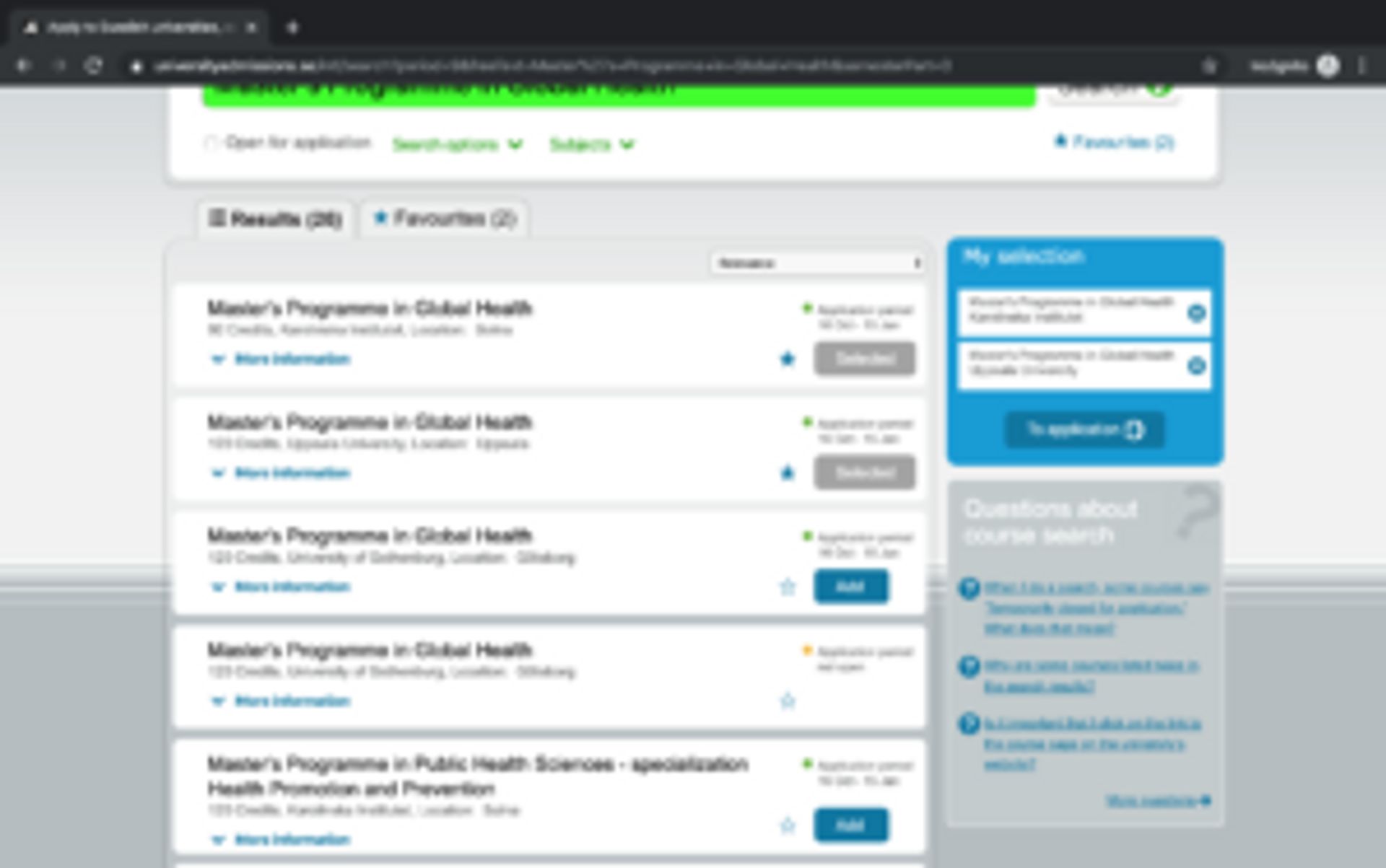 Screenshot of programme search after selecting severla programmes.