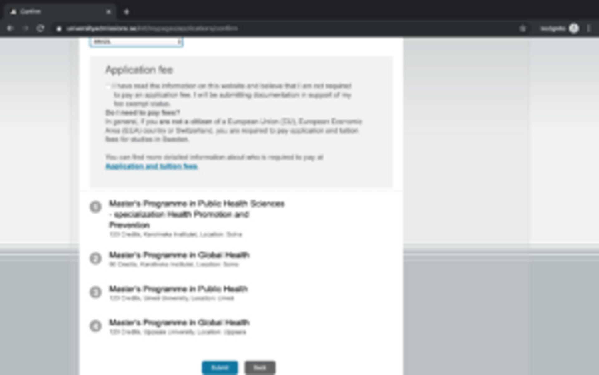 Screenshot of user account after application has been submitted.