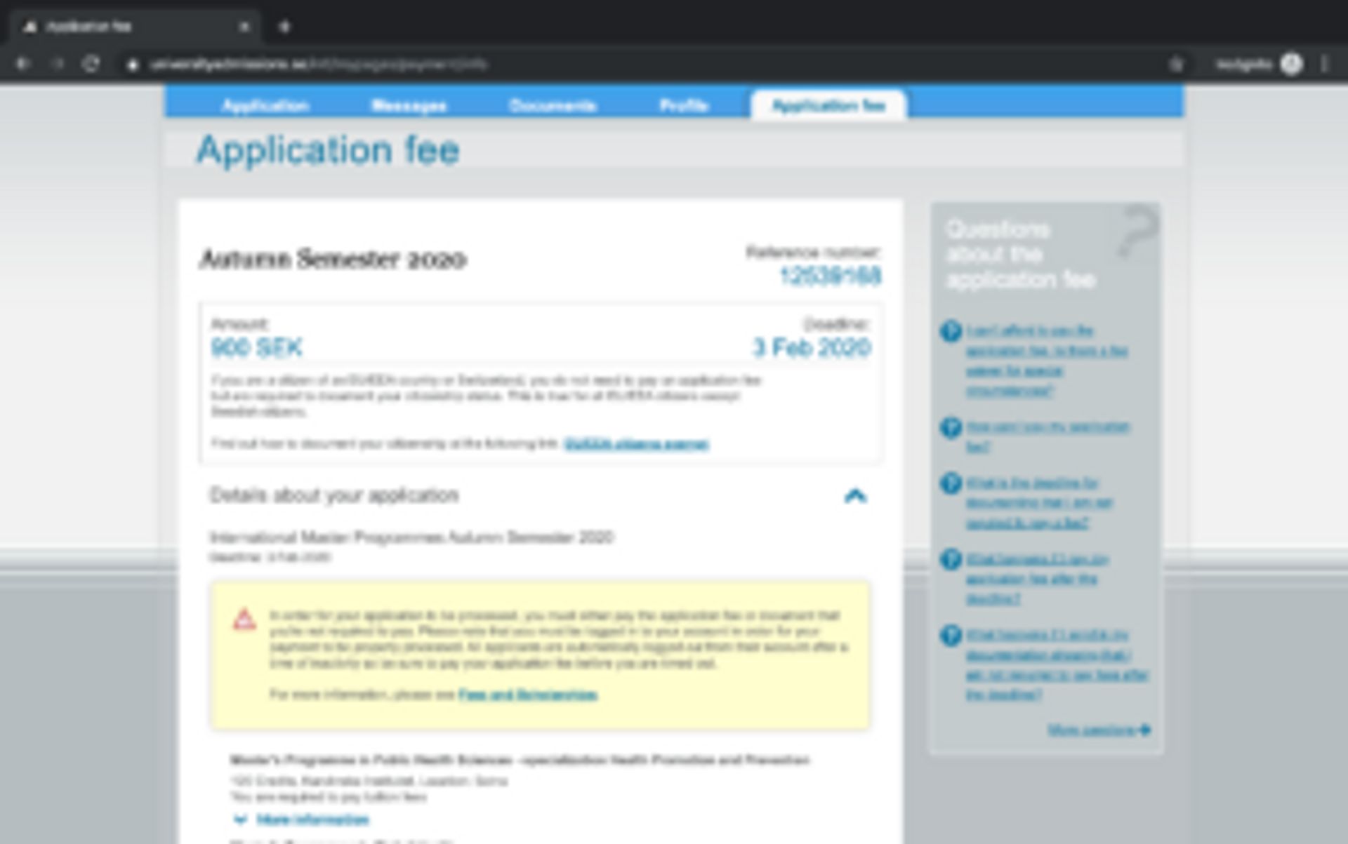 Screenshot of webpage with application fee information.