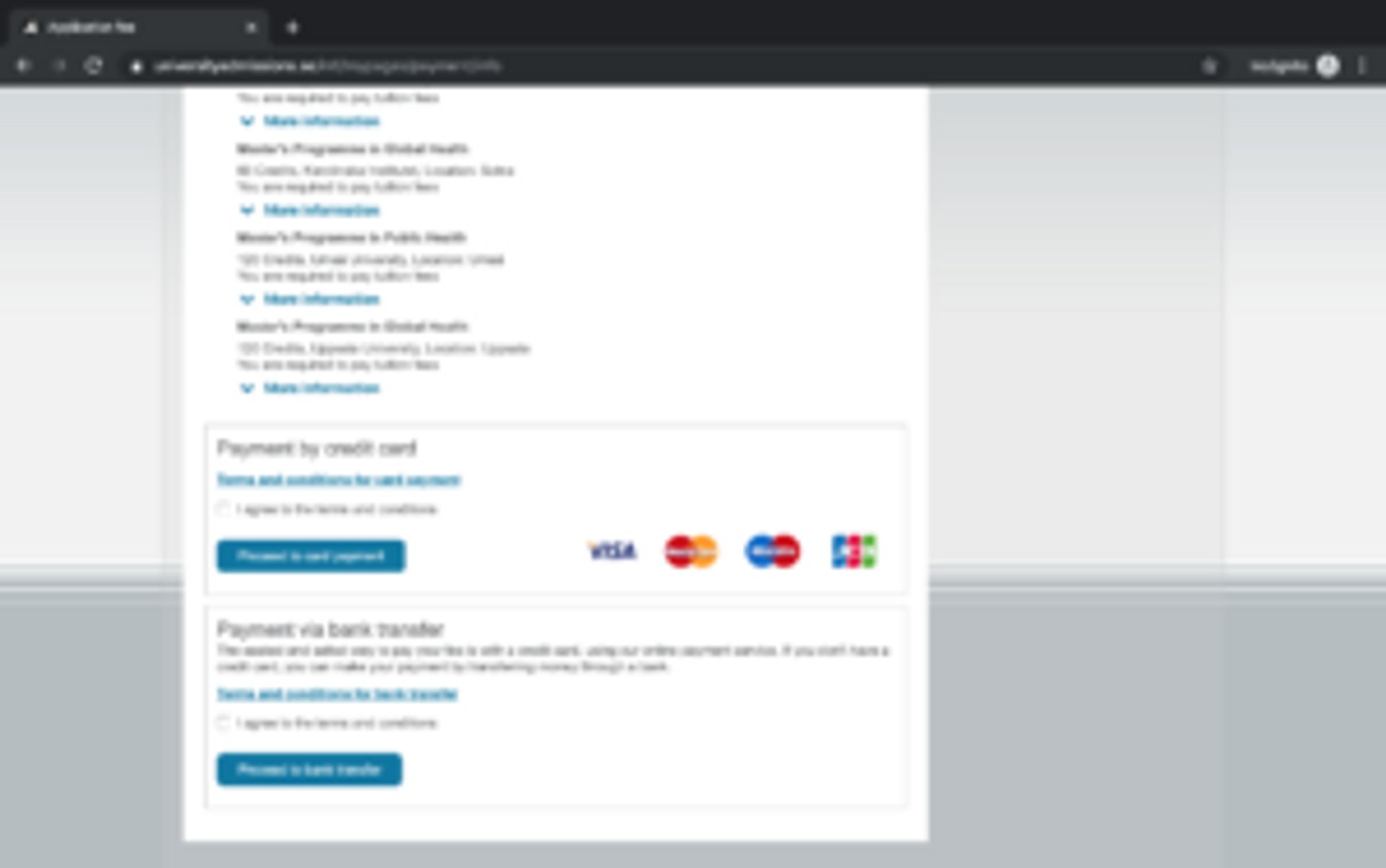 Screenshot of webpage where the application fee can be paid.