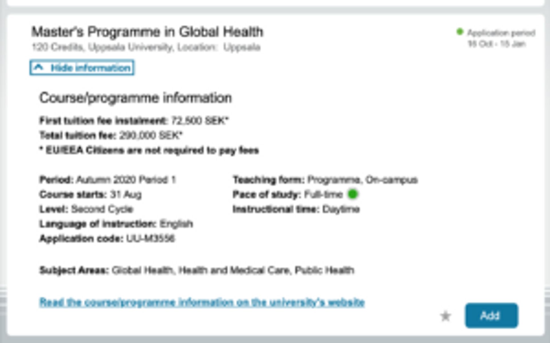 Screenshot showing information about the Master Programme in Global Health at Uppsala University.
