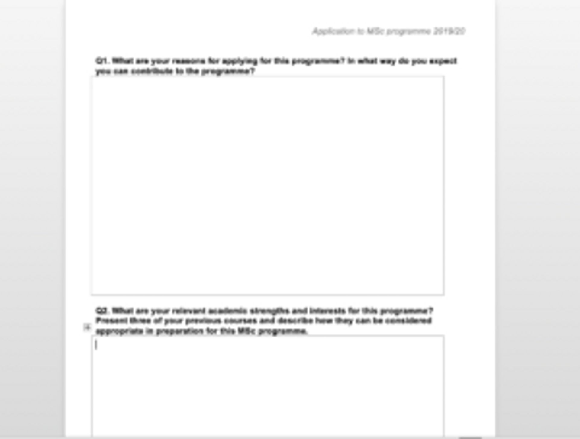 Screenshot of personal statement form.