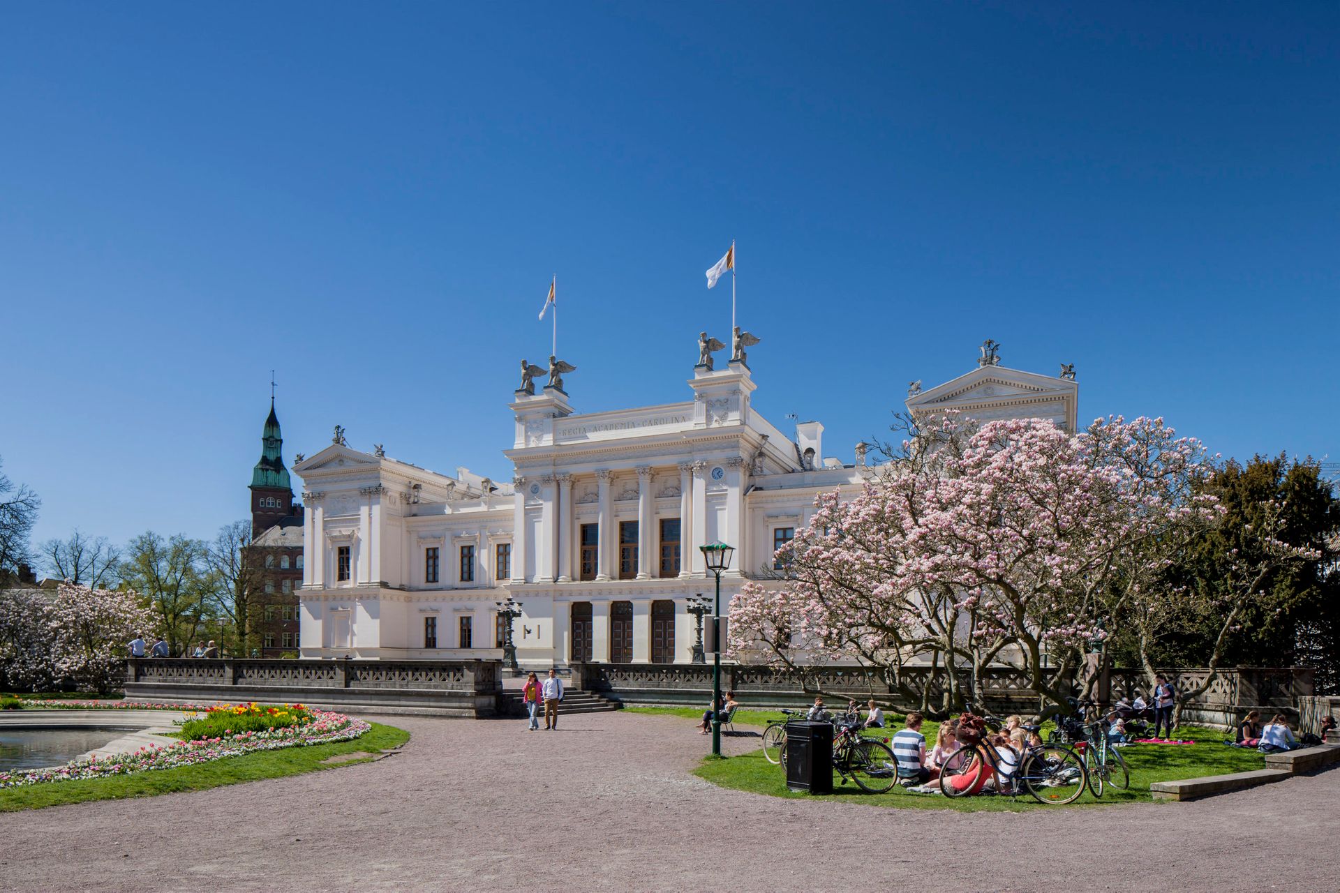 A white, university building.