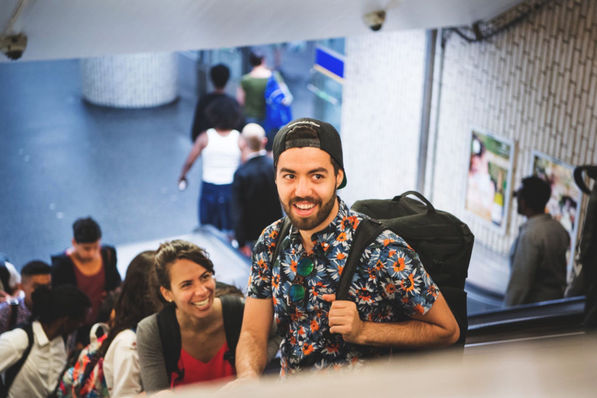 People on an escalator in the Stockholm metro.