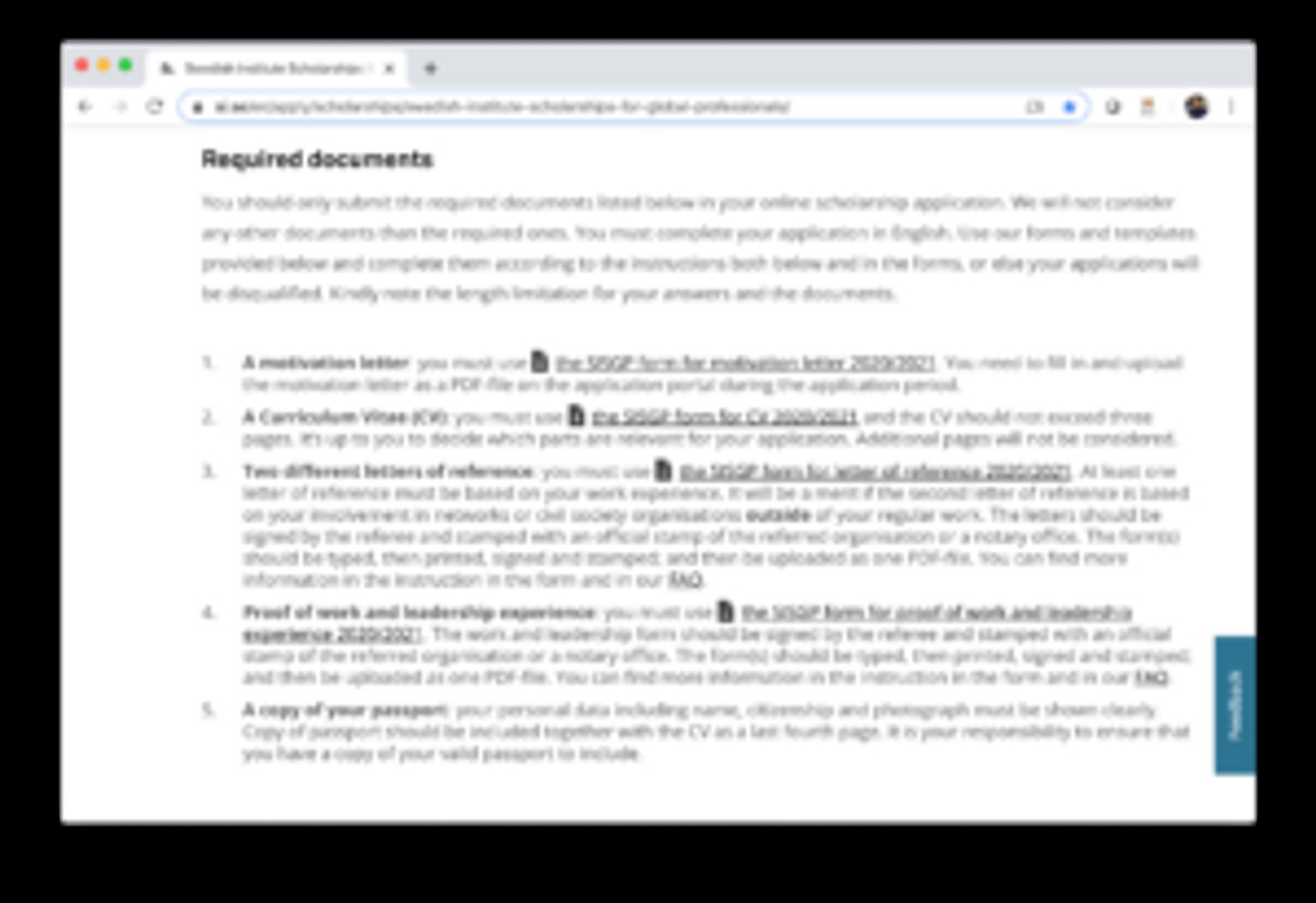 Screenshot of the scholarship application website listing required documents.