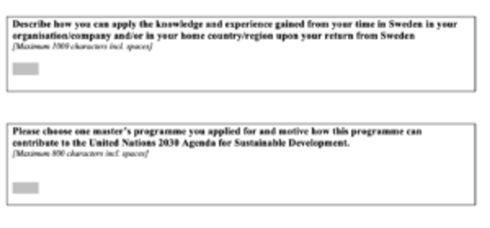 Screenshot of motivation form showing with two questions to fill in.