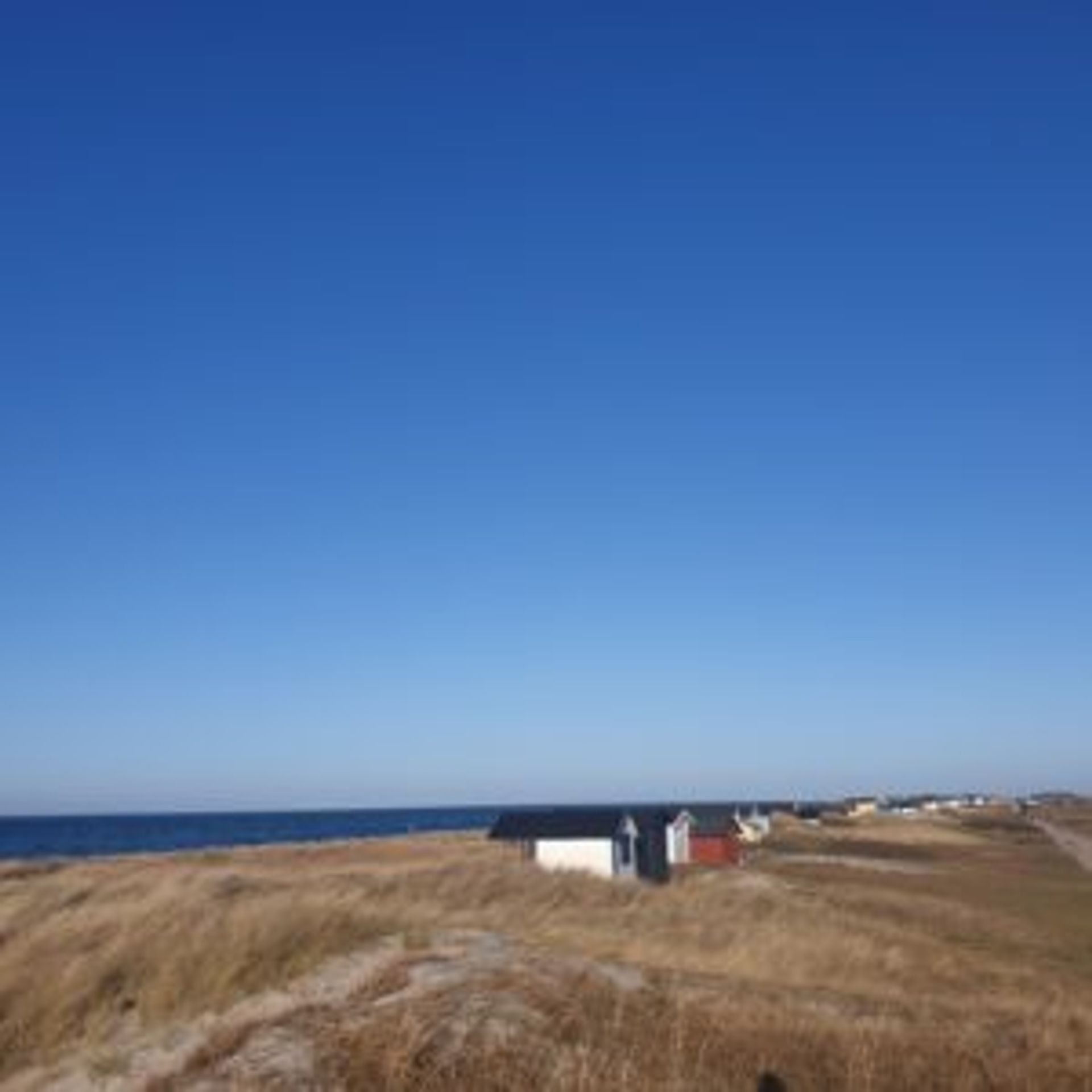Small wooden cabins beside a beach.