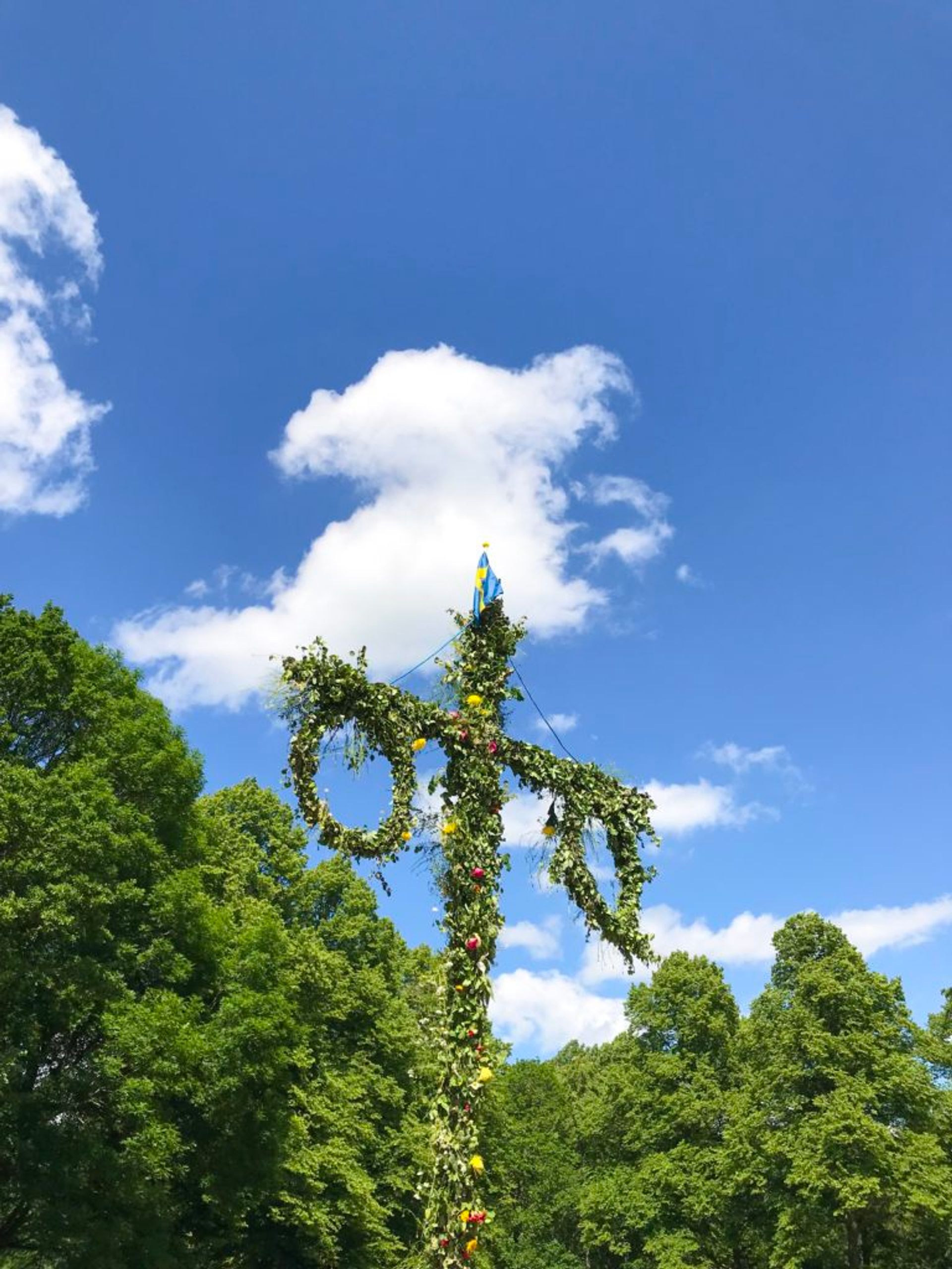 A traditional Midsummer maypole covered in leaves and flowers. 