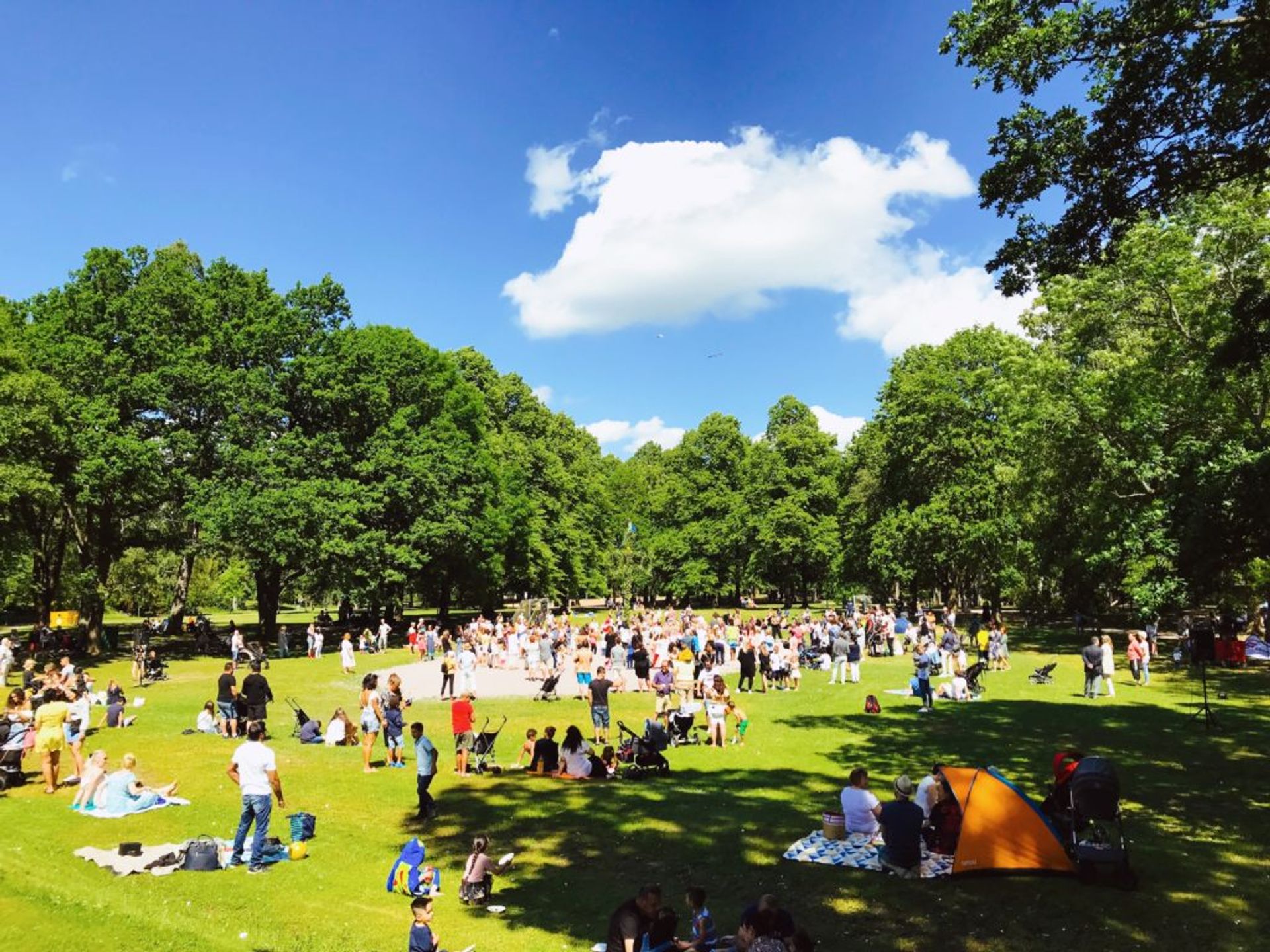 People in a park on a sunny day.