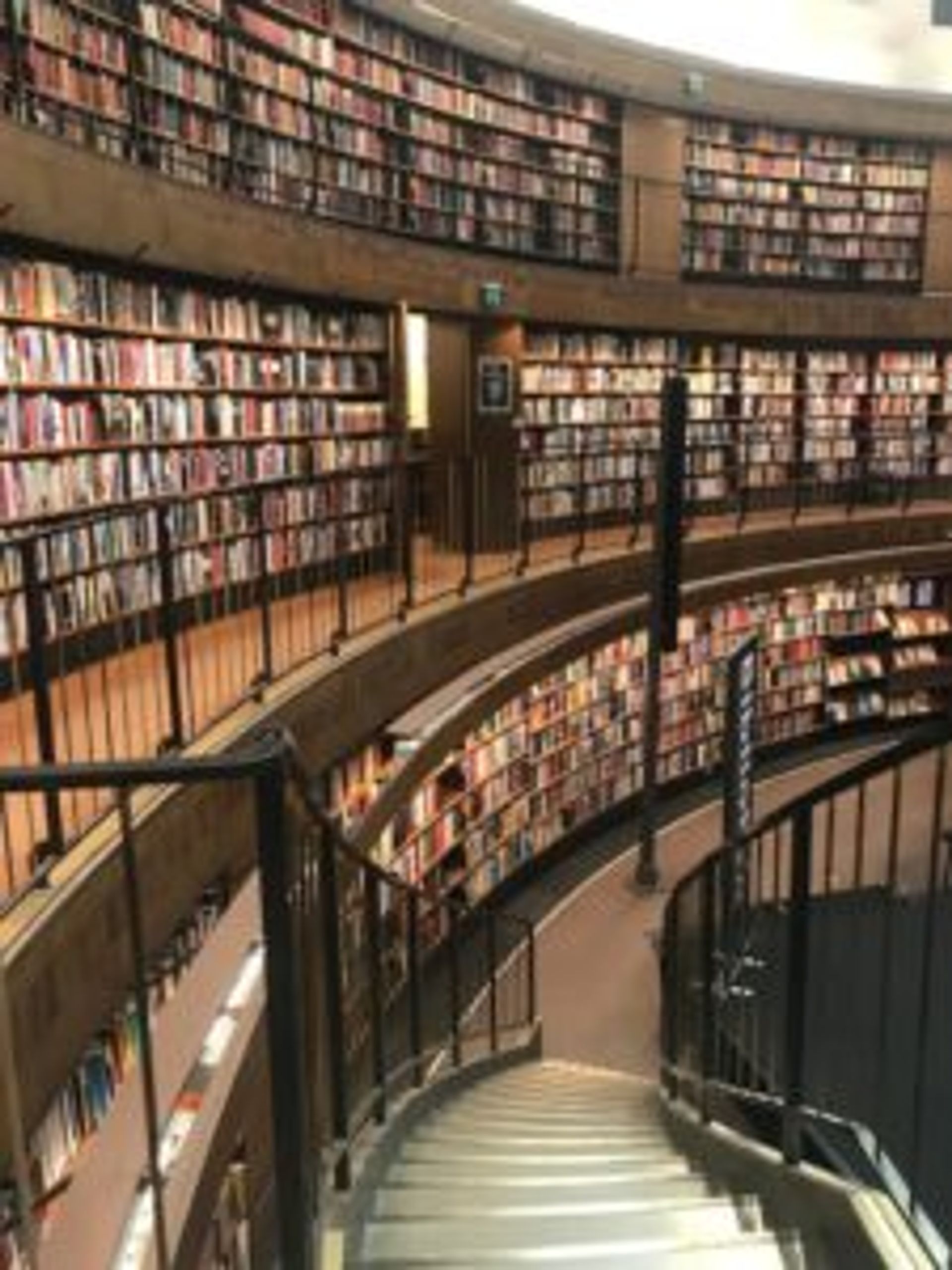 Stairs leading down to a different level of Stockholm's City Library.