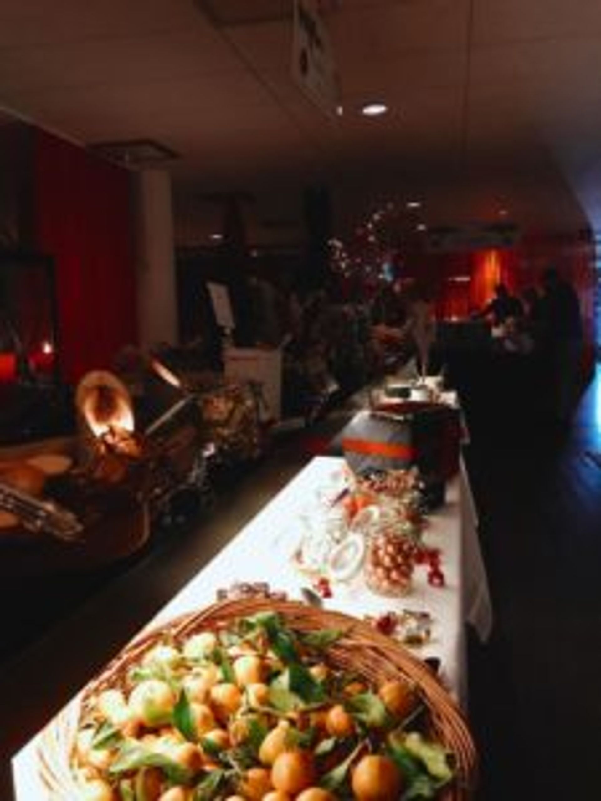 A long table covered with traditional Swedish Christmas food.