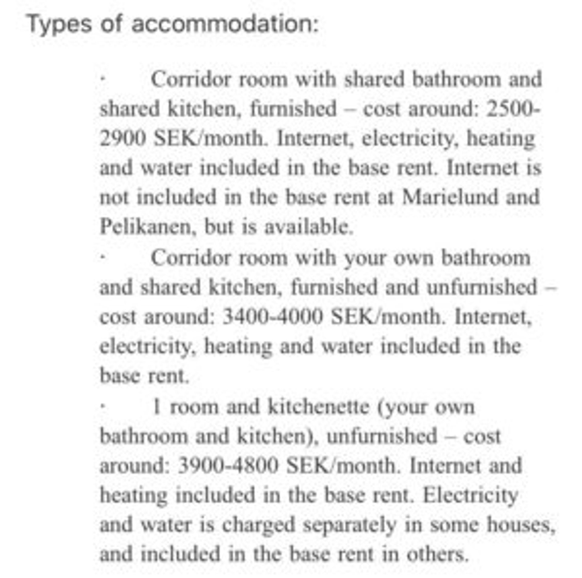 Email detailing accommodation options.