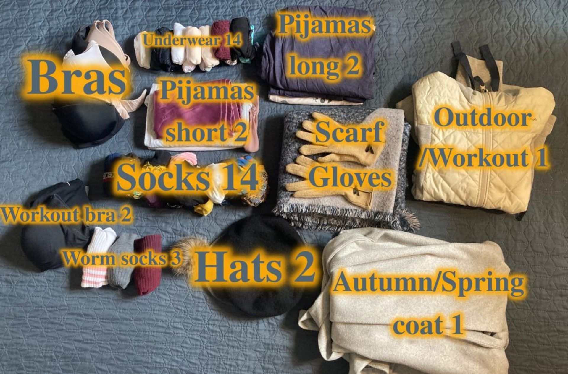 A mixture of clothing including socks, hats, scarves, gloves and underwear.