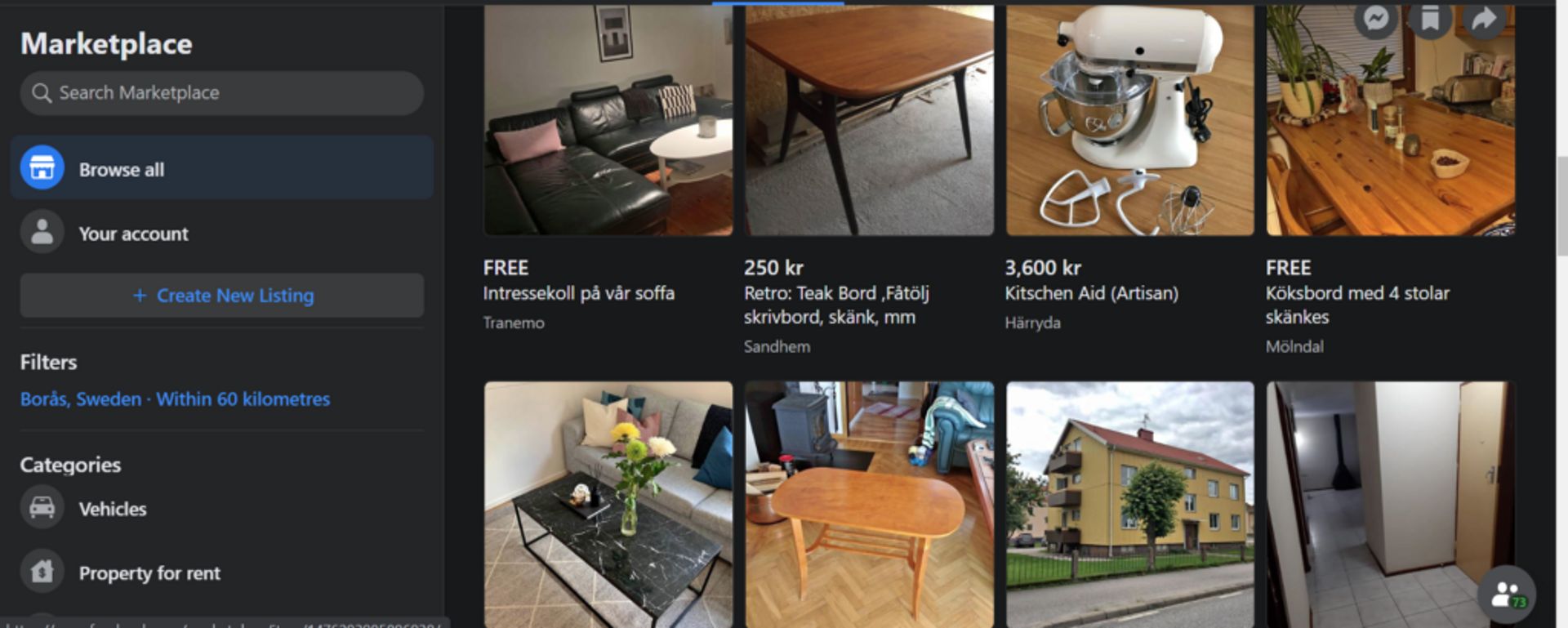 Screenshot of Facebook Marketplace Borås.