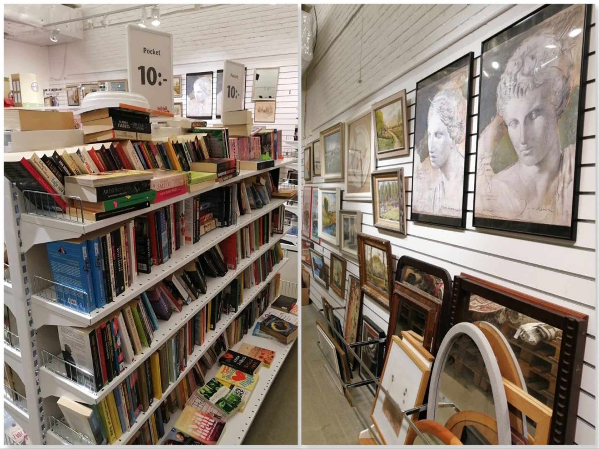 Shelves of books, paintings and mirrors.