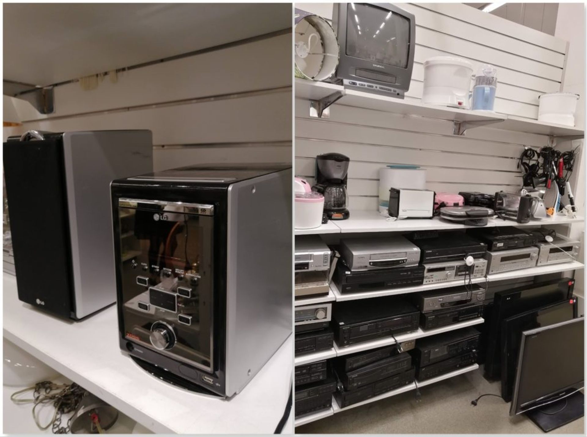 Shelves of DVD players, speakers and kitchen equipment.