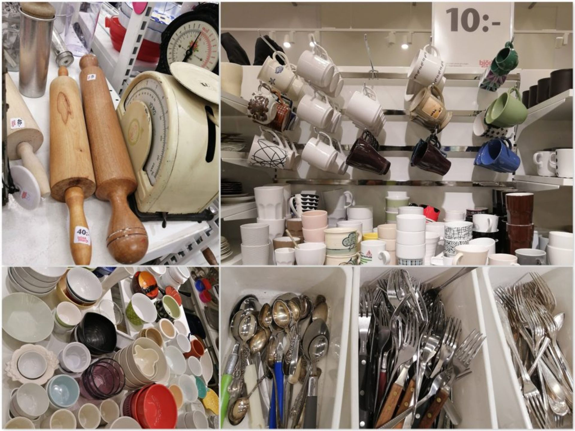 Shelves and trays of assorted kitchenware. Mugs, cups, bowls, spoons, forks and rolling pins.