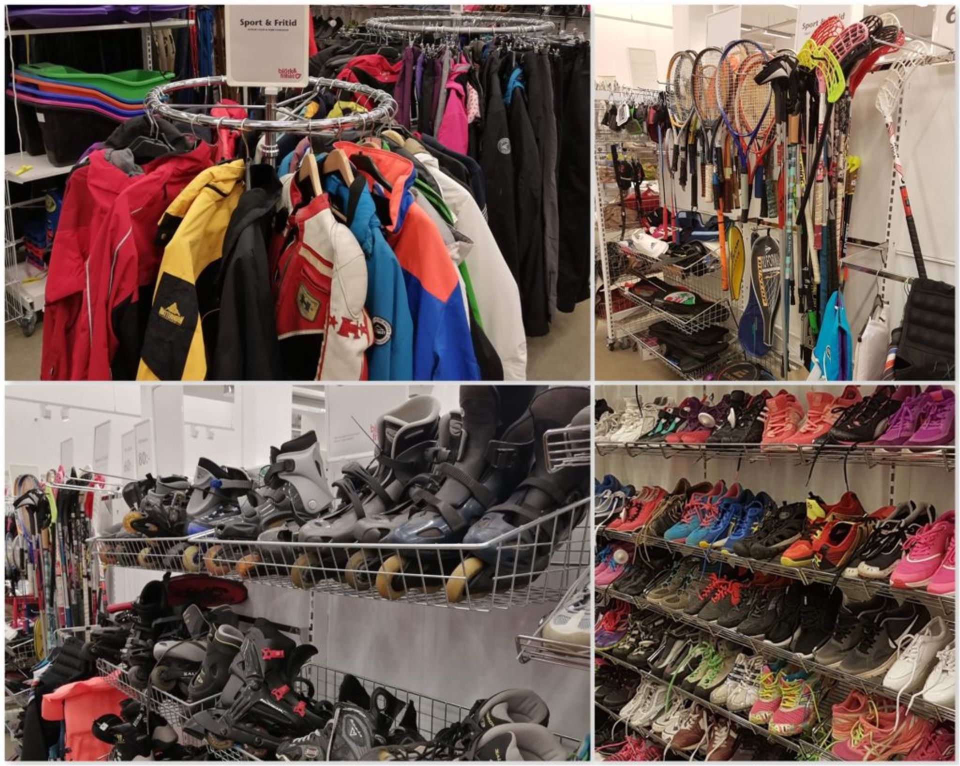 Racks of sports clothing, shoes and sporting equipment.