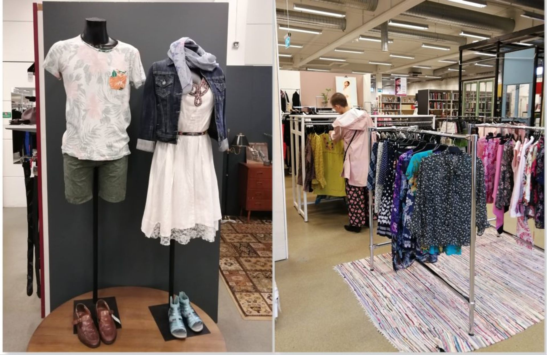 Racks of clothing inside a second hand store.