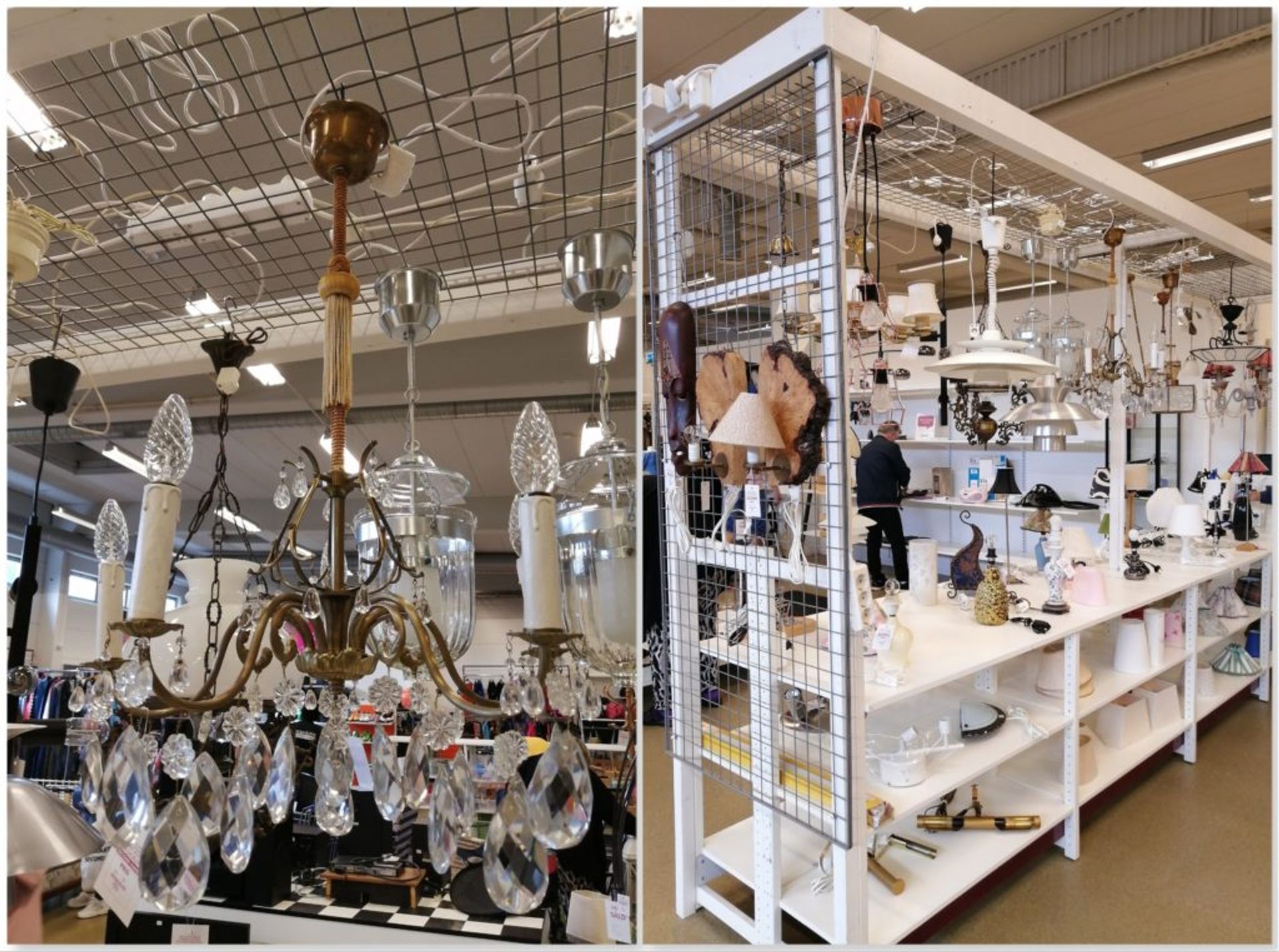 Shelves of lights and chandeliers.