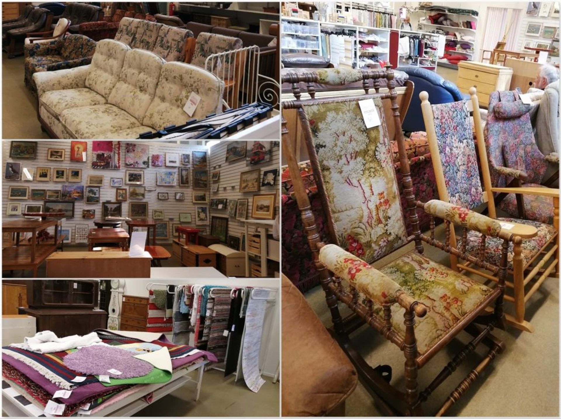 Vintage chairs, sofas, rugs and paintings.