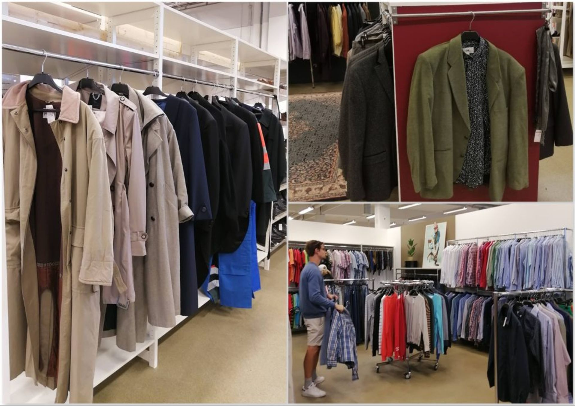 Racks of men's coats, blazers and shirts.