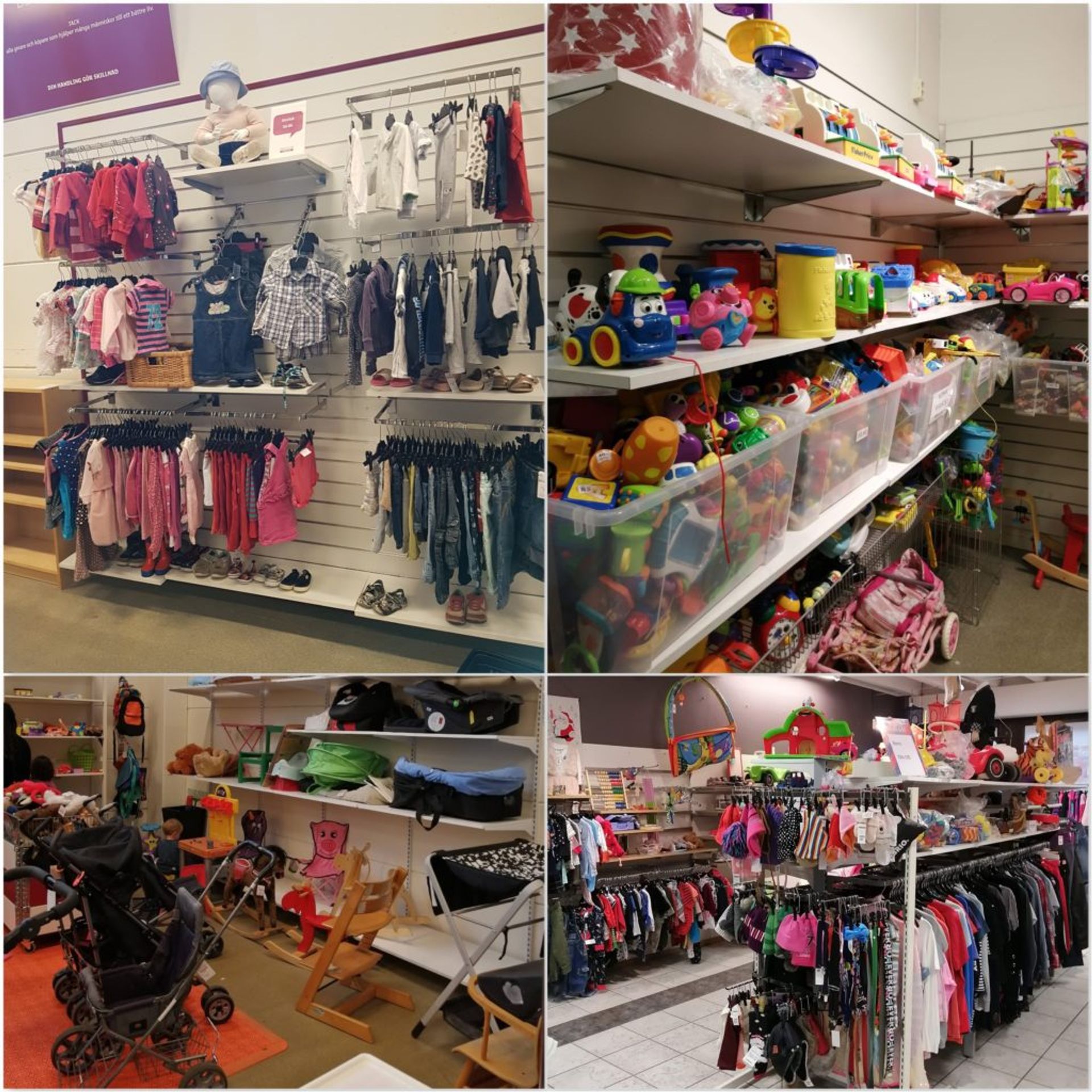 Racks and shelves of children's clothing, toys and prams.