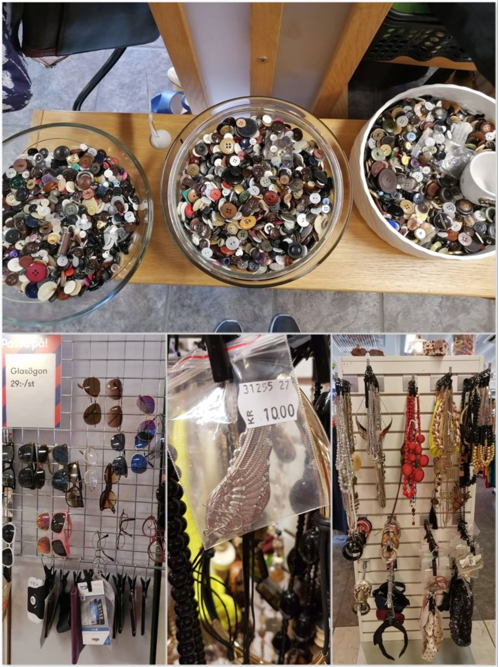 Racks of buttons, sunglasses, jewellery and hair accessories.