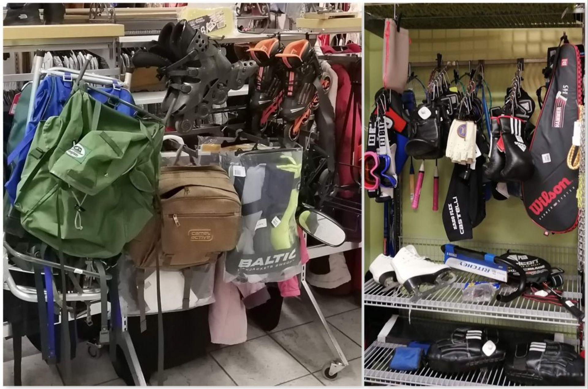 Shelves of sporting equipment and bags.