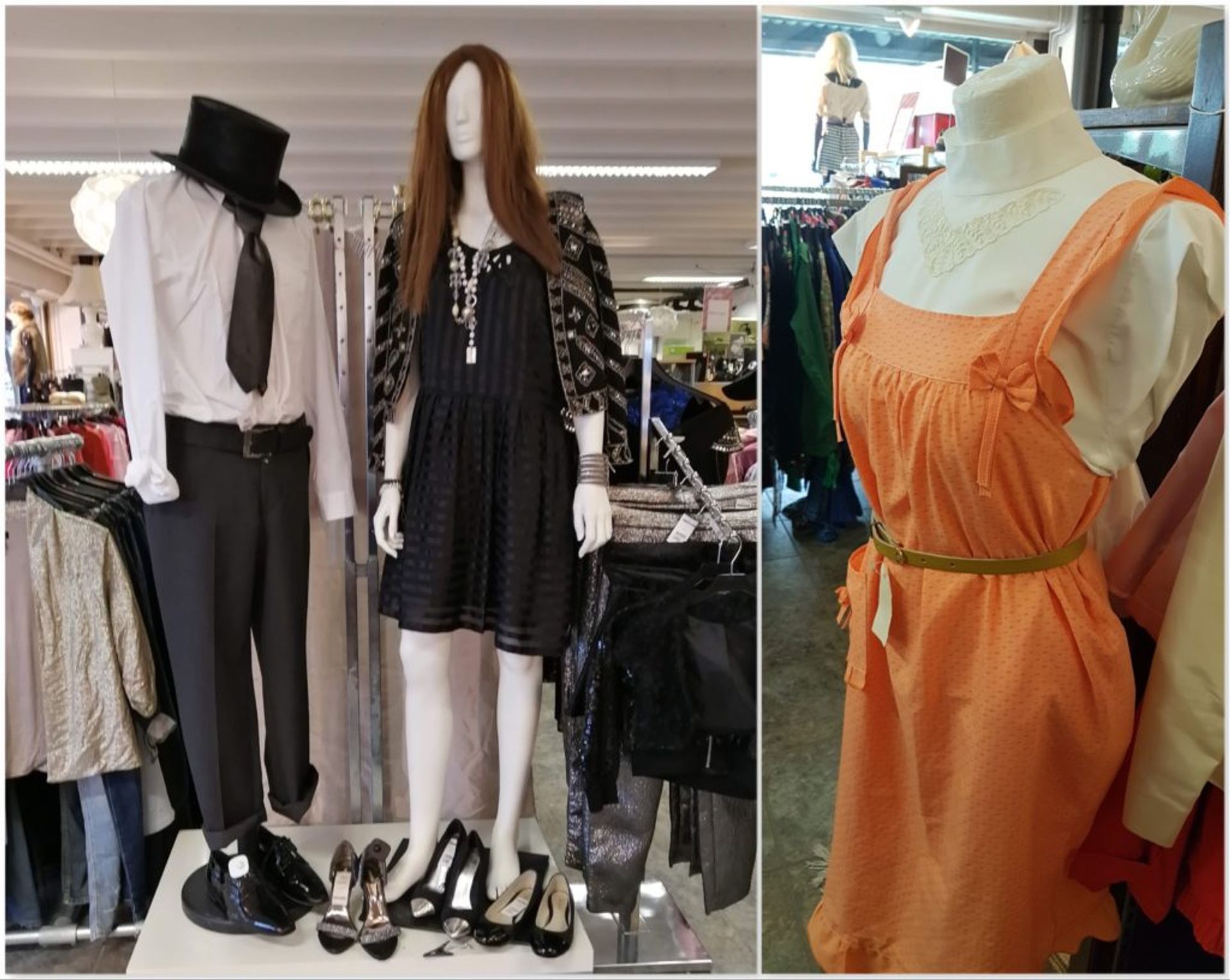 Three mannequins dressed in clothes that are on sale.