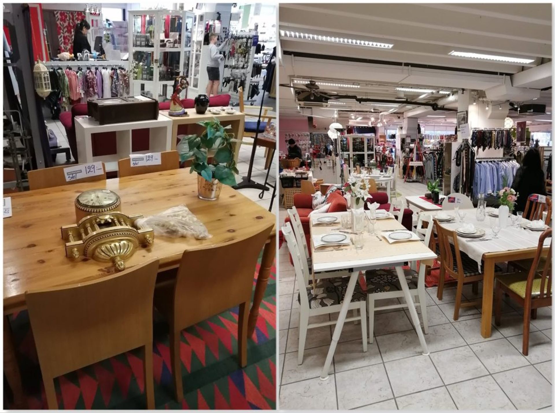 Wooden tables and chairs. in the middle of a second hand shop.